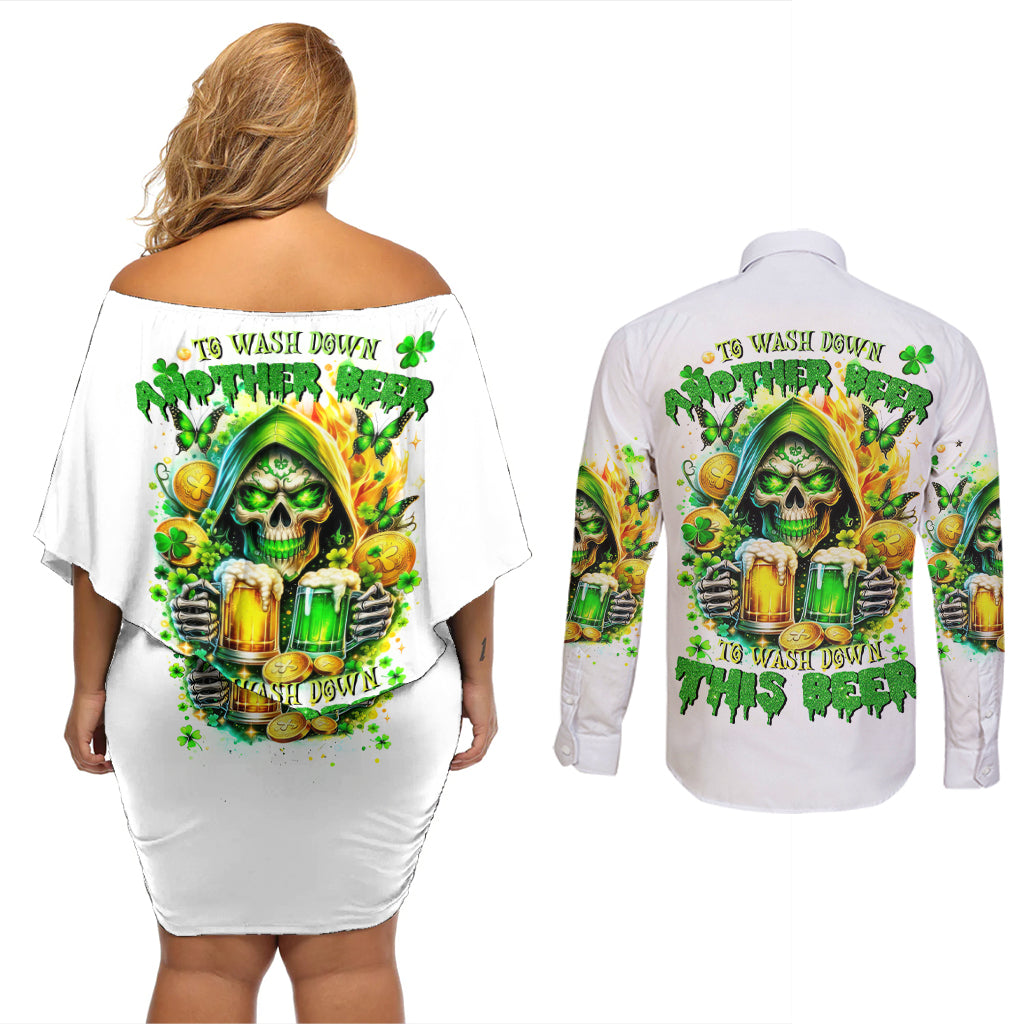 Irish Skull Couples Matching Off Shoulder Short Dress and Long Sleeve Button Shirt To Wash Down Another Beer To Wash Down This Beer