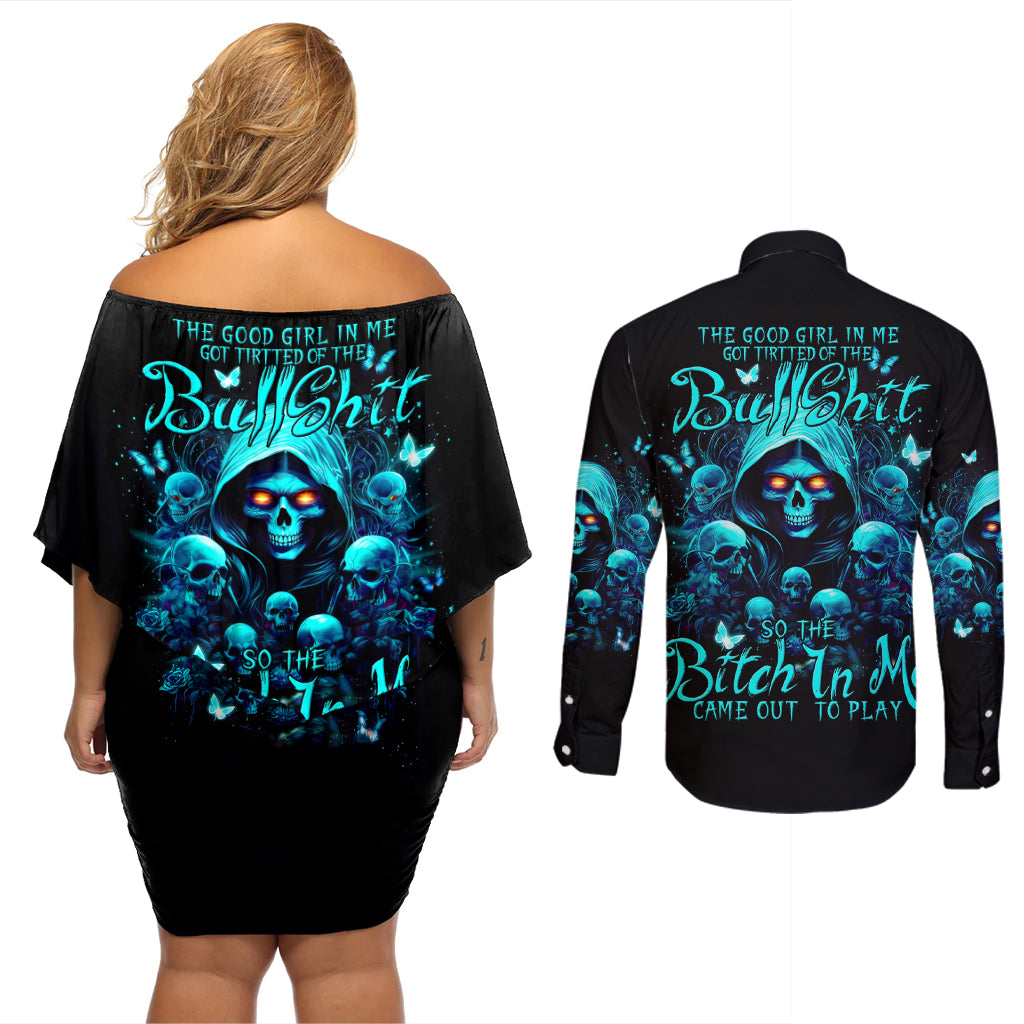 Witch Skull Couples Matching Off Shoulder Short Dress and Long Sleeve Button Shirt The Good Girl In Me Got Tired Of The Bullshit