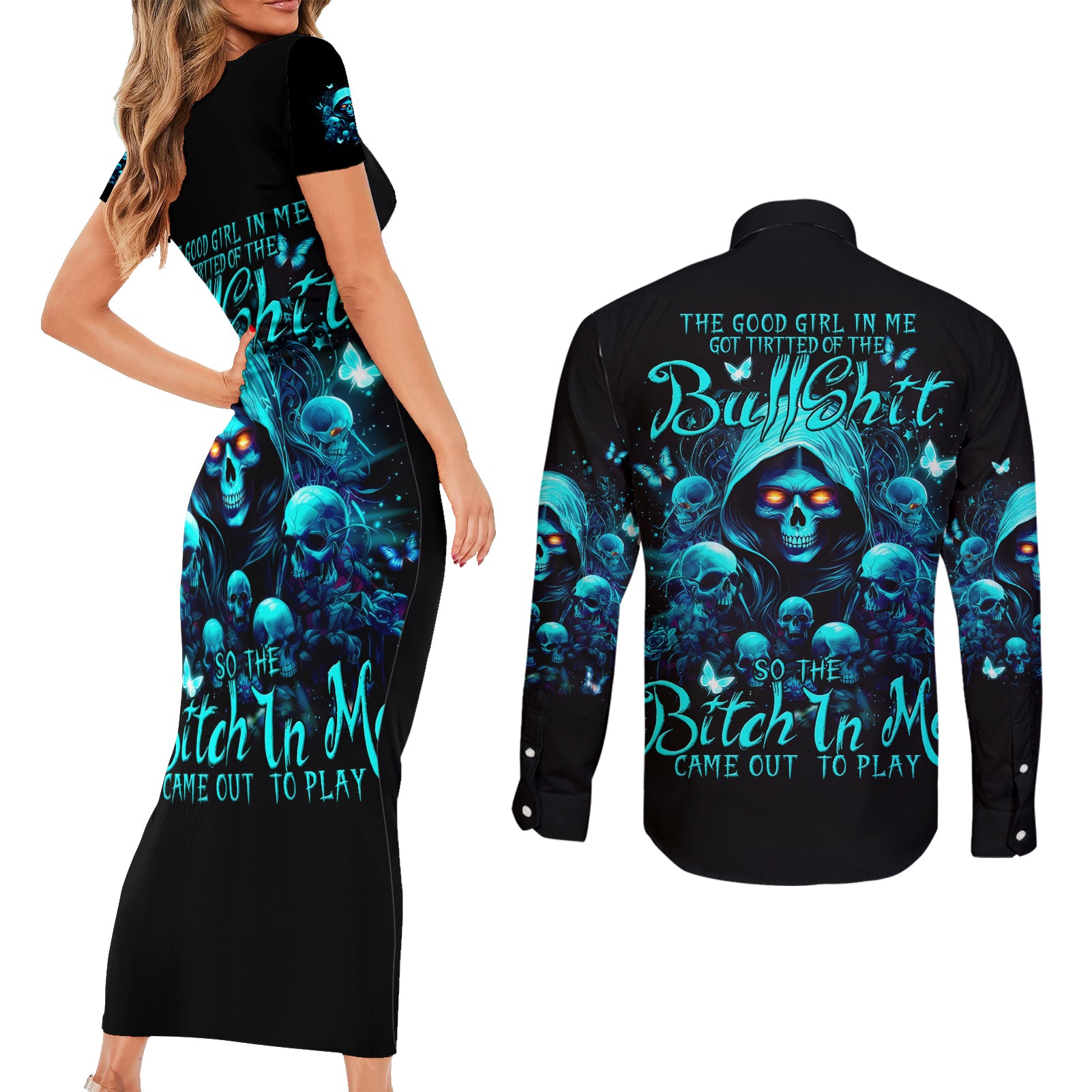 Witch Skull Couples Matching Short Sleeve Bodycon Dress and Long Sleeve Button Shirt The Good Girl In Me Got Tired Of The Bullshit