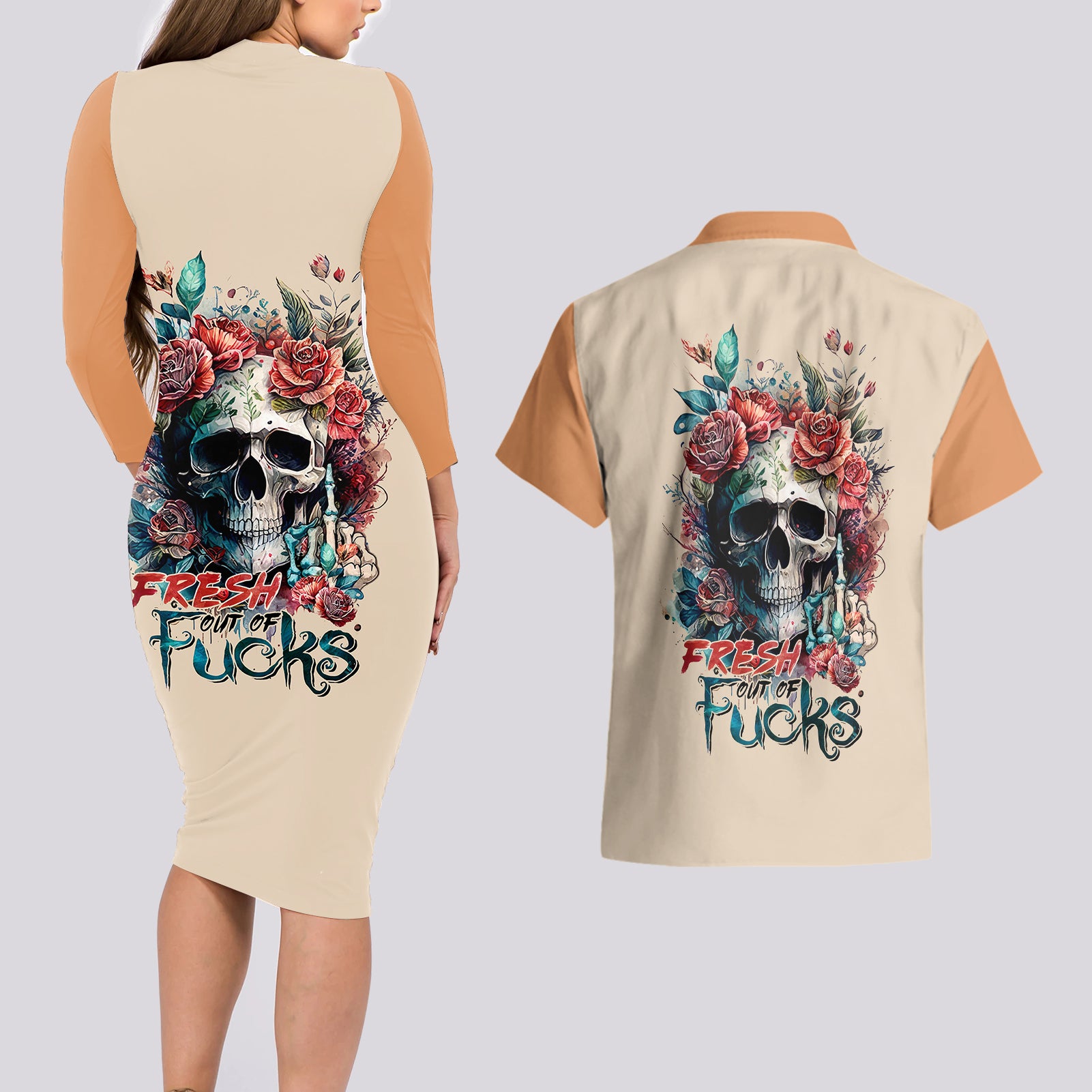 flower-skull-couples-matching-long-sleeve-bodycon-dress-and-hawaiian-shirt-fresh-out-of-fuck