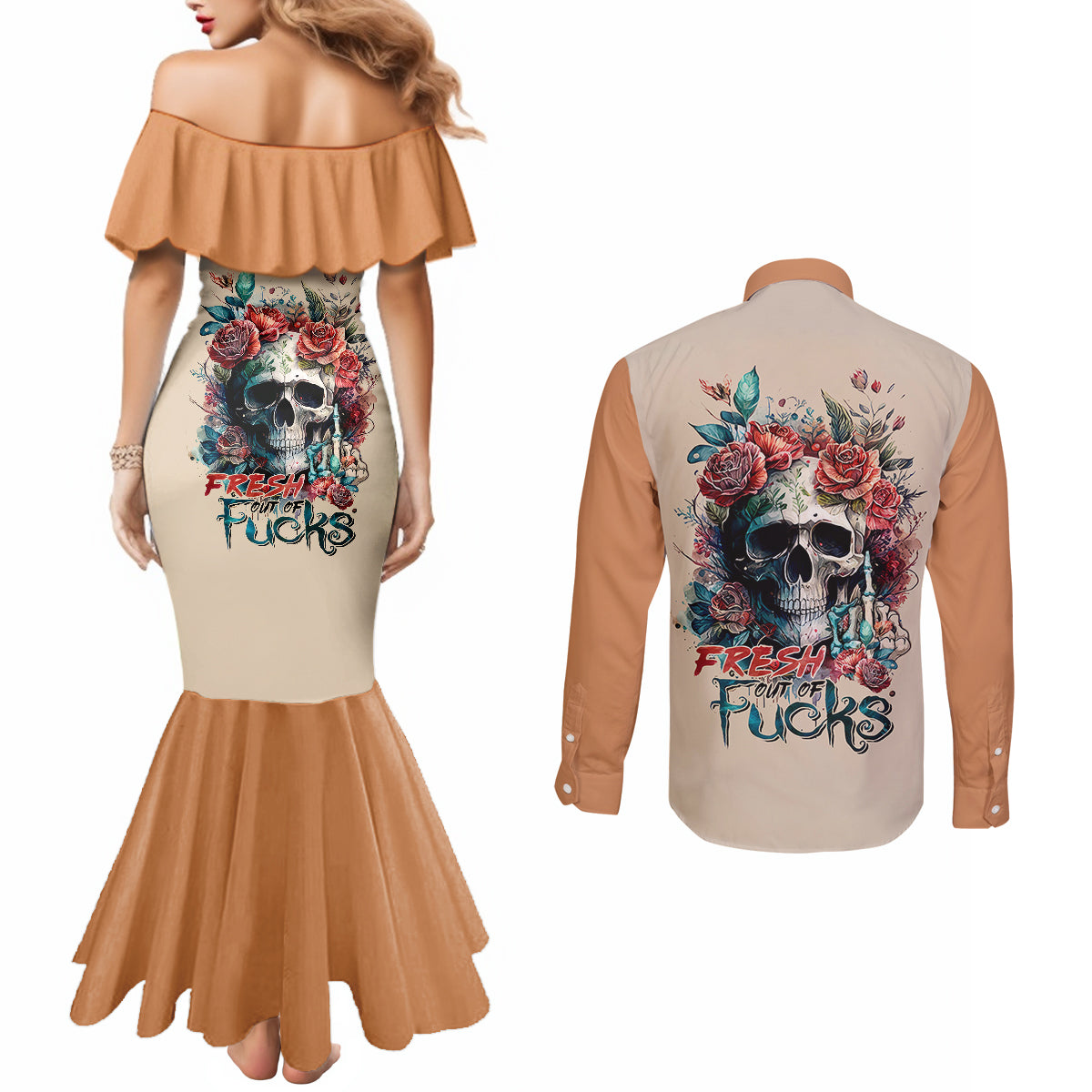 flower-skull-couples-matching-mermaid-dress-and-long-sleeve-button-shirts-fresh-out-of-fuck