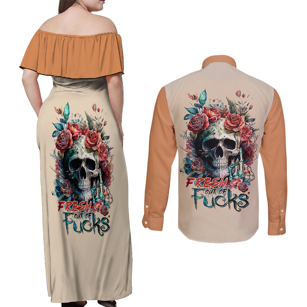 flower-skull-couples-matching-off-shoulder-maxi-dress-and-long-sleeve-button-shirts-fresh-out-of-fuck