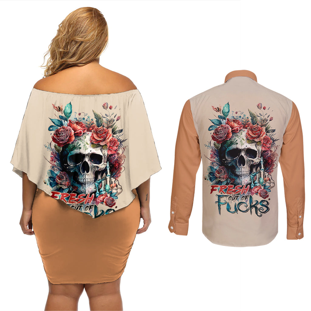 flower-skull-couples-matching-off-shoulder-short-dress-and-long-sleeve-button-shirts-fresh-out-of-fuck