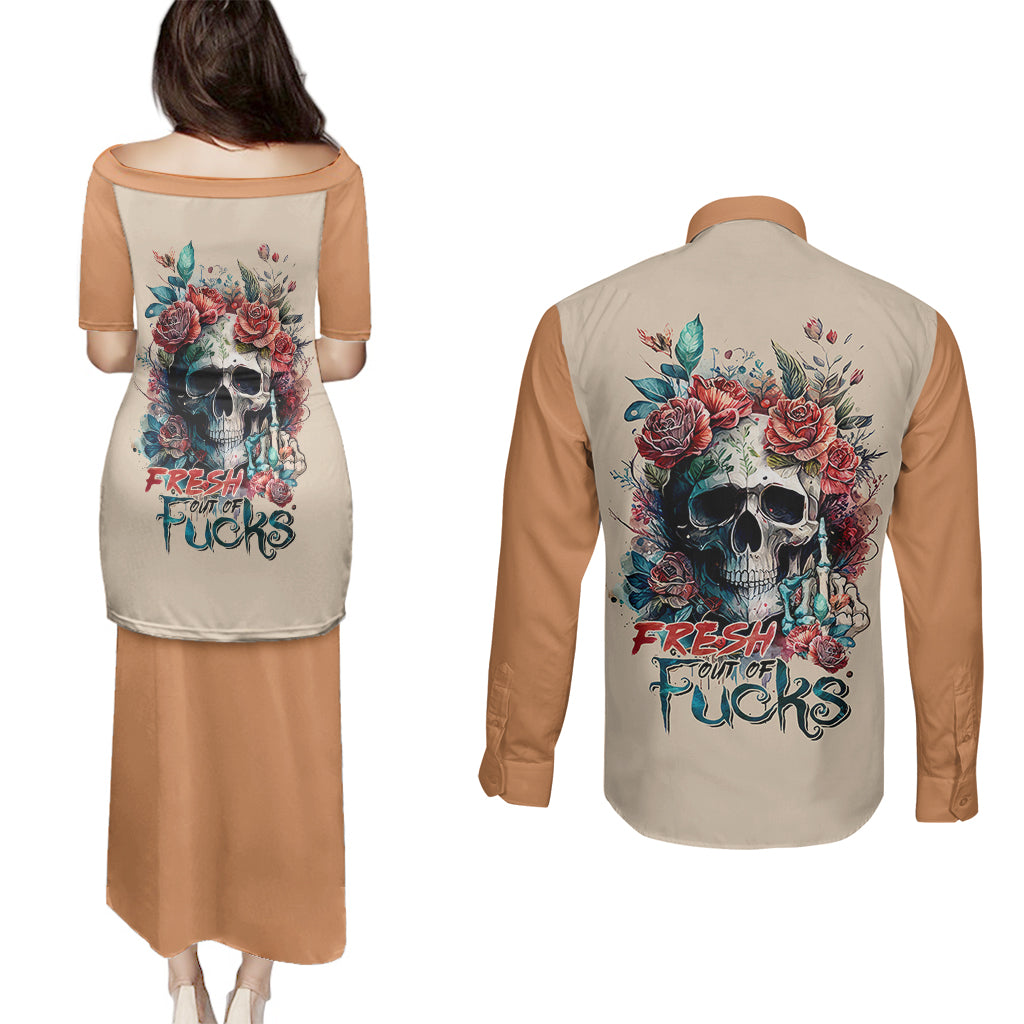 flower-skull-couples-matching-puletasi-dress-and-long-sleeve-button-shirts-fresh-out-of-fuck