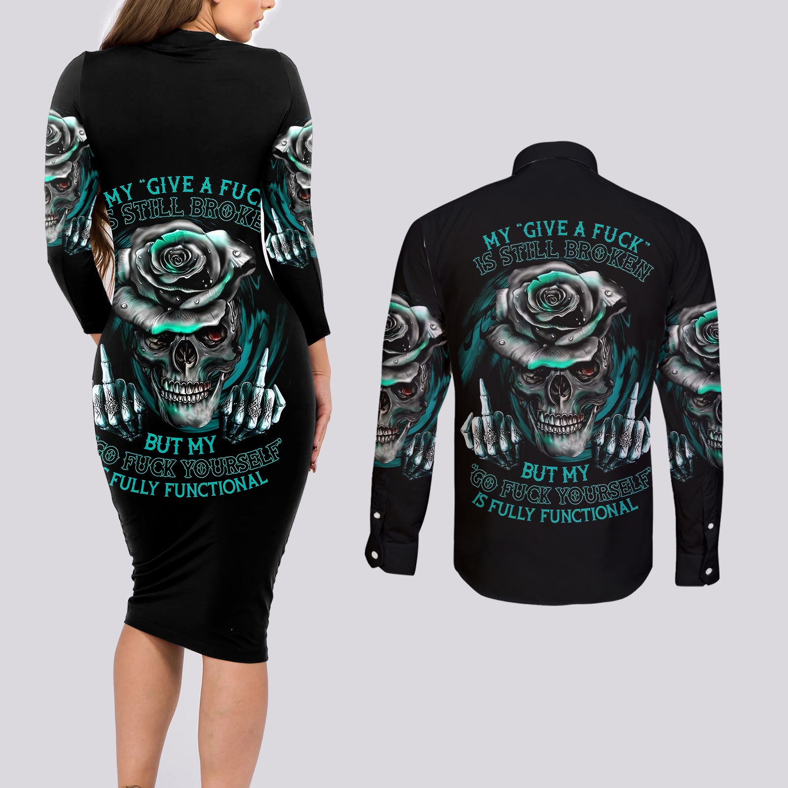 rose-skull-couples-matching-long-sleeve-bodycon-dress-and-long-sleeve-button-shirts-go-fuck-yourself-is-fully-functional