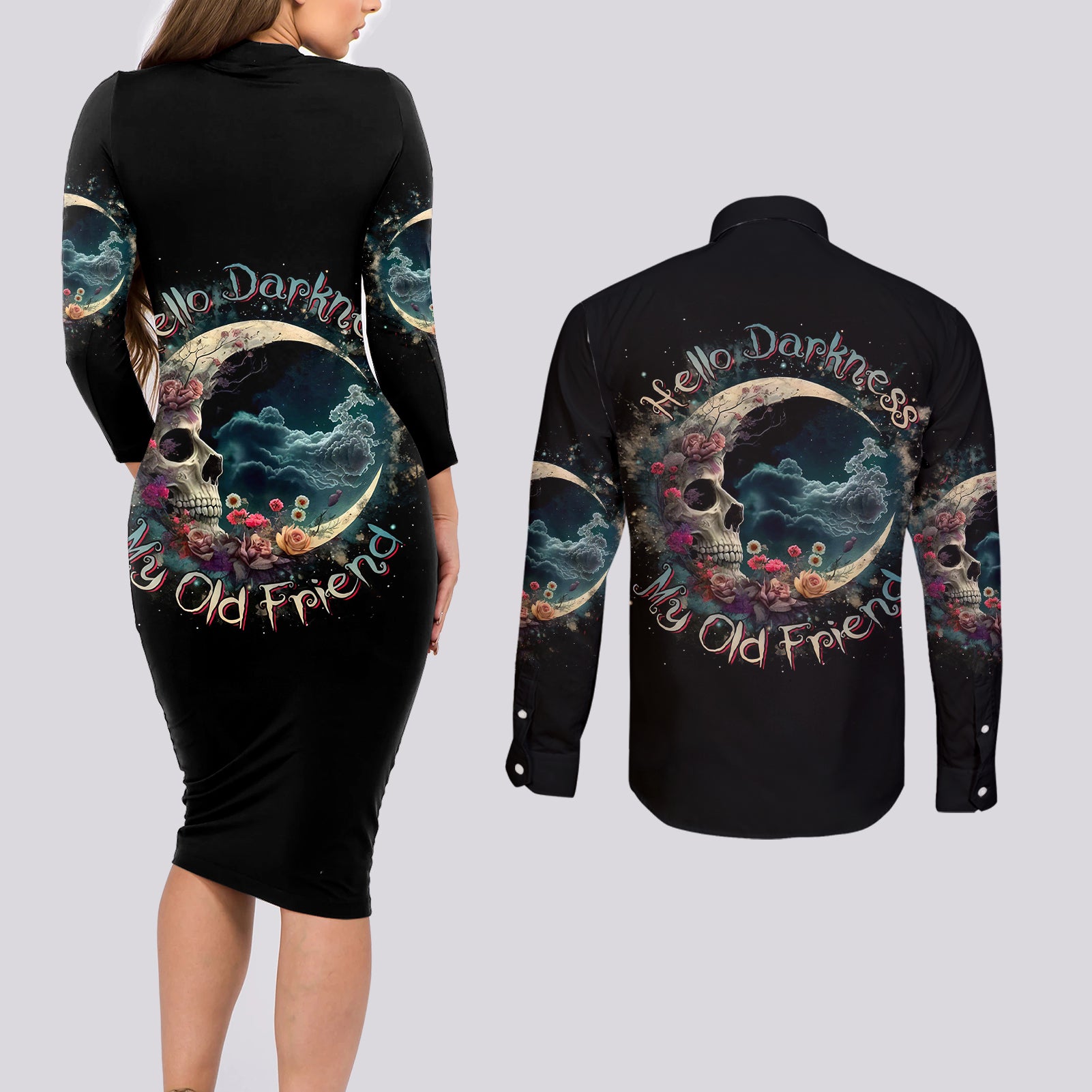 moon-skull-couples-matching-long-sleeve-bodycon-dress-and-long-sleeve-button-shirts-hello-darkness-my-old-friend-moon