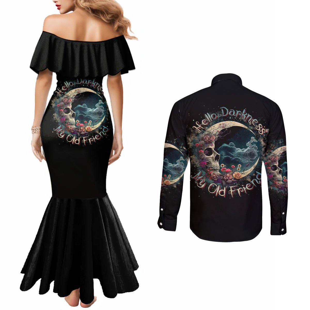 moon-skull-couples-matching-mermaid-dress-and-long-sleeve-button-shirts-hello-darkness-my-old-friend-moon