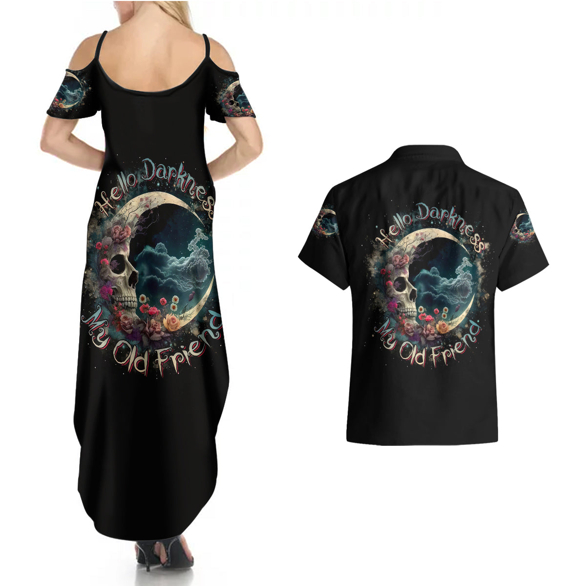 moon-skull-couples-matching-summer-maxi-dress-and-hawaiian-shirt-hello-darkness-my-old-friend-moon