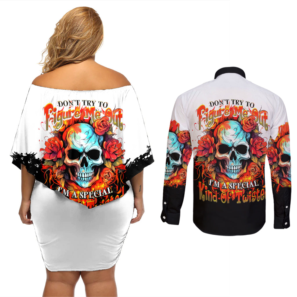 flower-skull-couples-matching-off-shoulder-short-dress-and-long-sleeve-button-shirts-dont-try-to-figured-me-out-i-special-kind-fire-flower