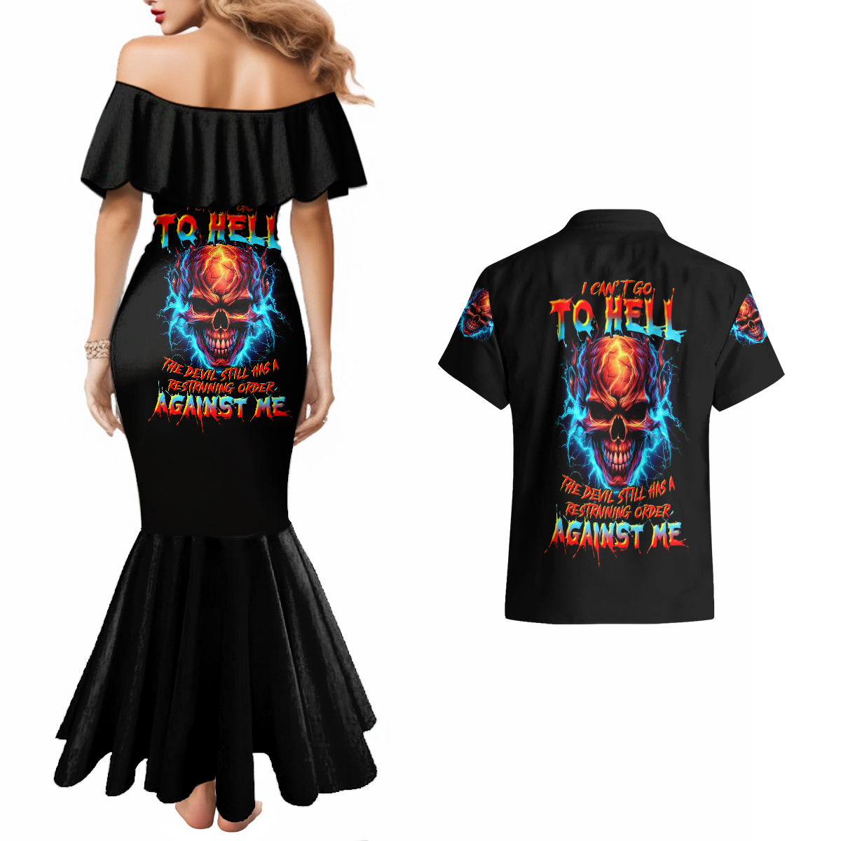 thunder-skull-couples-matching-mermaid-dress-and-hawaiian-shirt-i-cant-go-to-hell-devil-restrainning-order-against-me