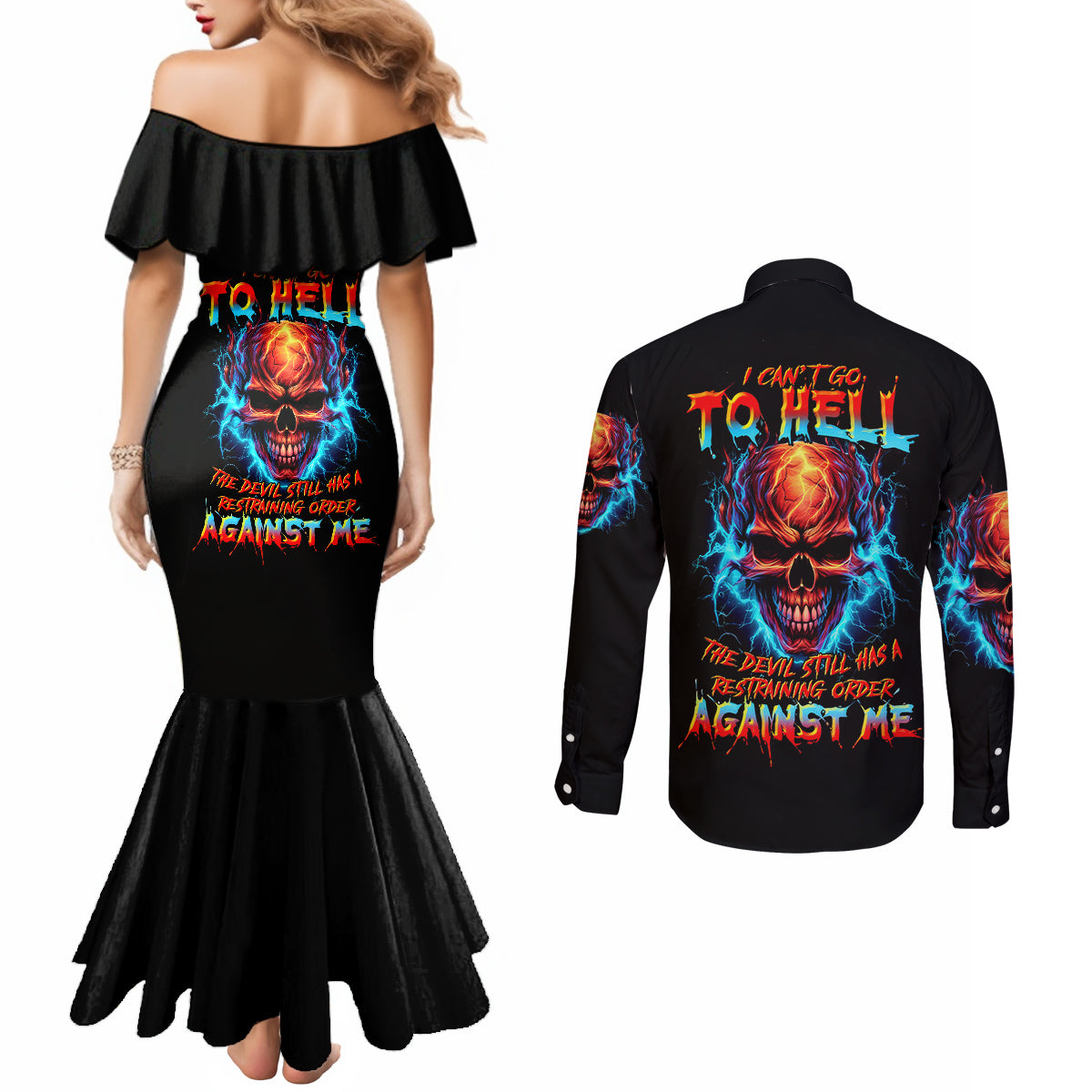 thunder-skull-couples-matching-mermaid-dress-and-long-sleeve-button-shirts-i-cant-go-to-hell-devil-restrainning-order-against-me