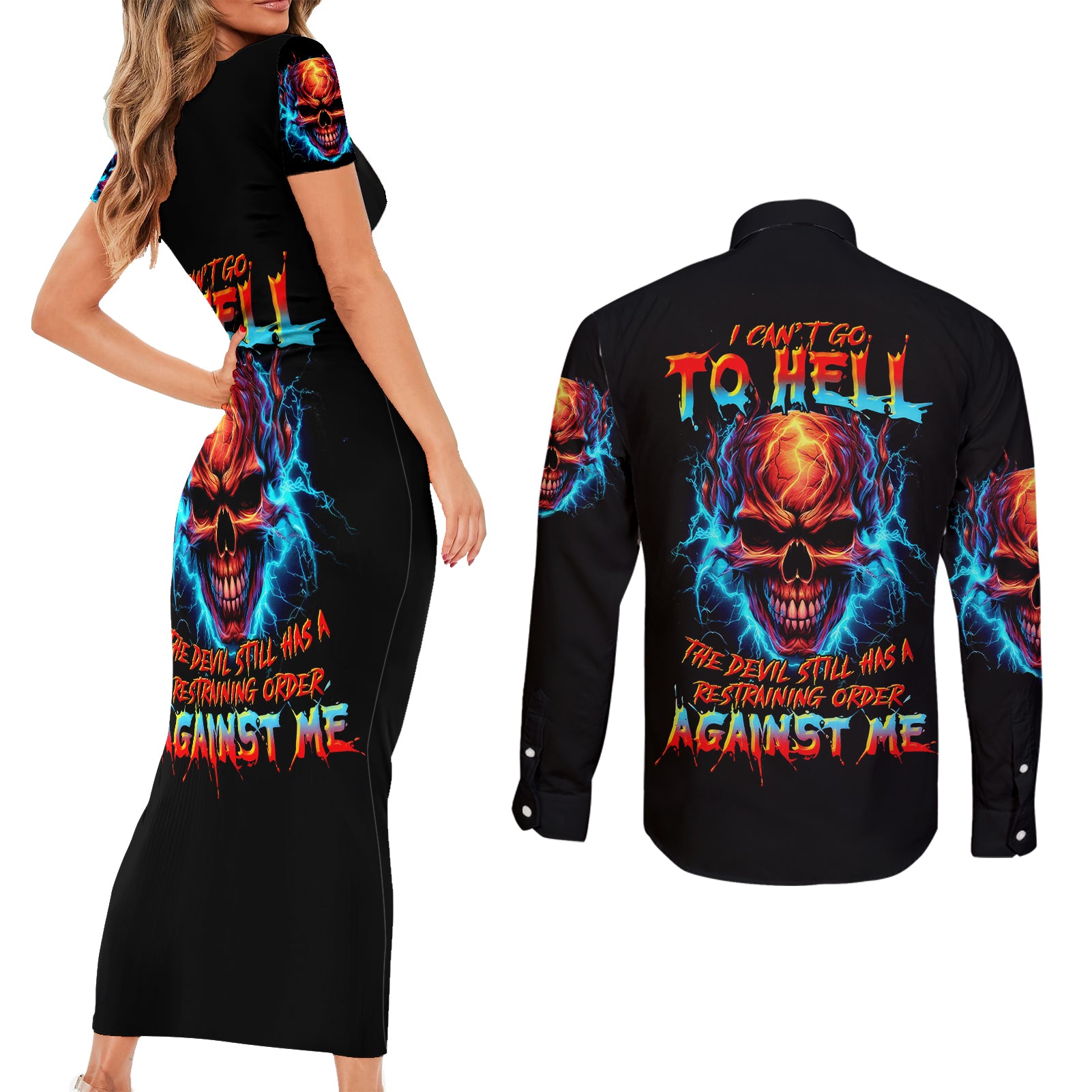 thunder-skull-couples-matching-short-sleeve-bodycon-dress-and-long-sleeve-button-shirts-i-cant-go-to-hell-devil-restrainning-order-against-me