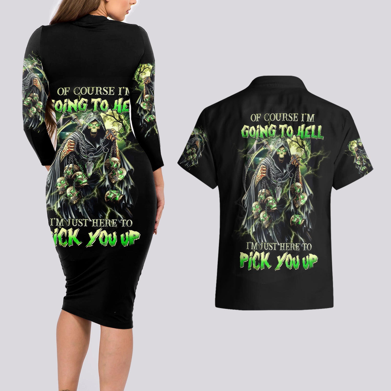 skull-reaper-couples-matching-long-sleeve-bodycon-dress-and-hawaiian-shirt-i-going-to-hell-just-pick-you-up