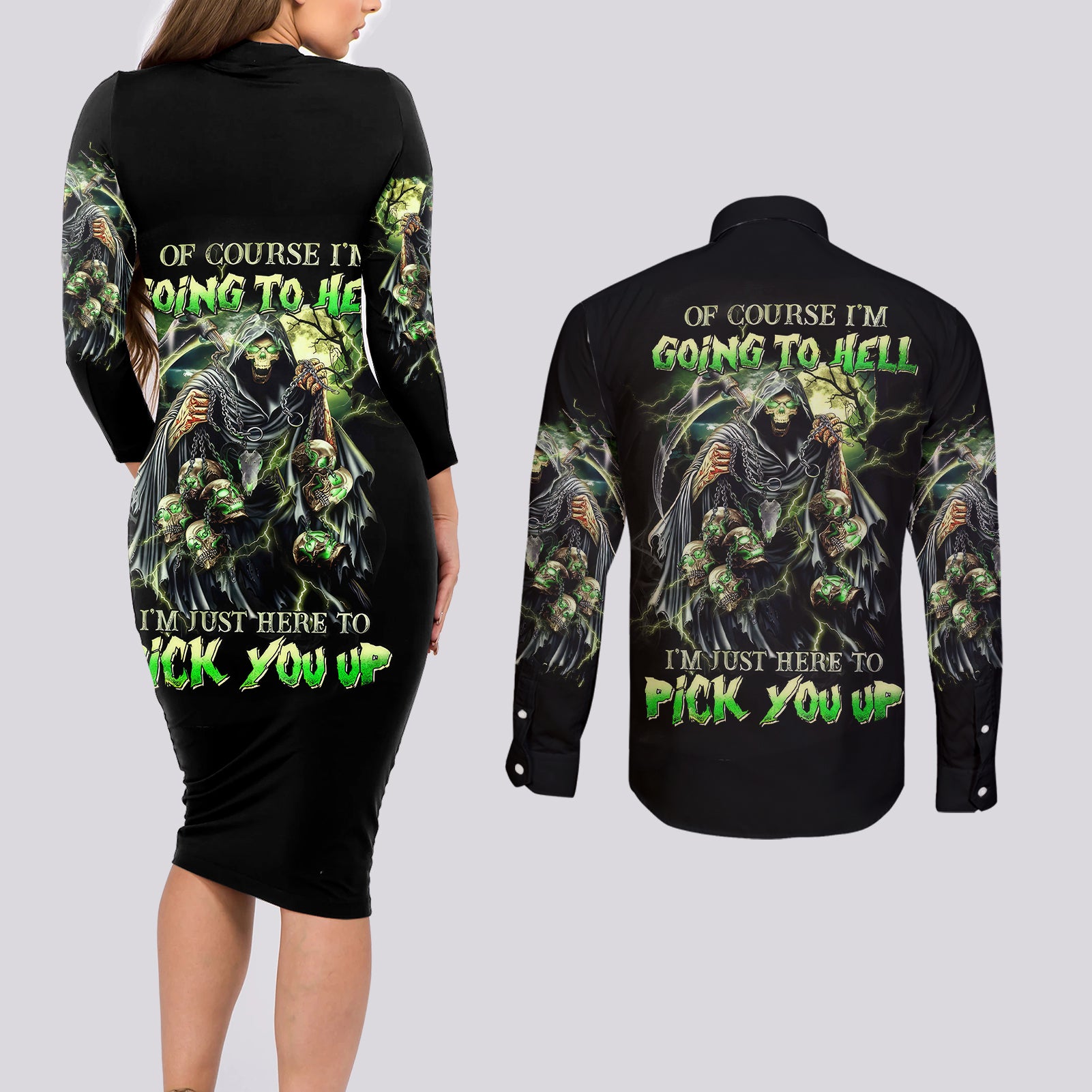 skull-reaper-couples-matching-long-sleeve-bodycon-dress-and-long-sleeve-button-shirts-i-going-to-hell-just-pick-you-up