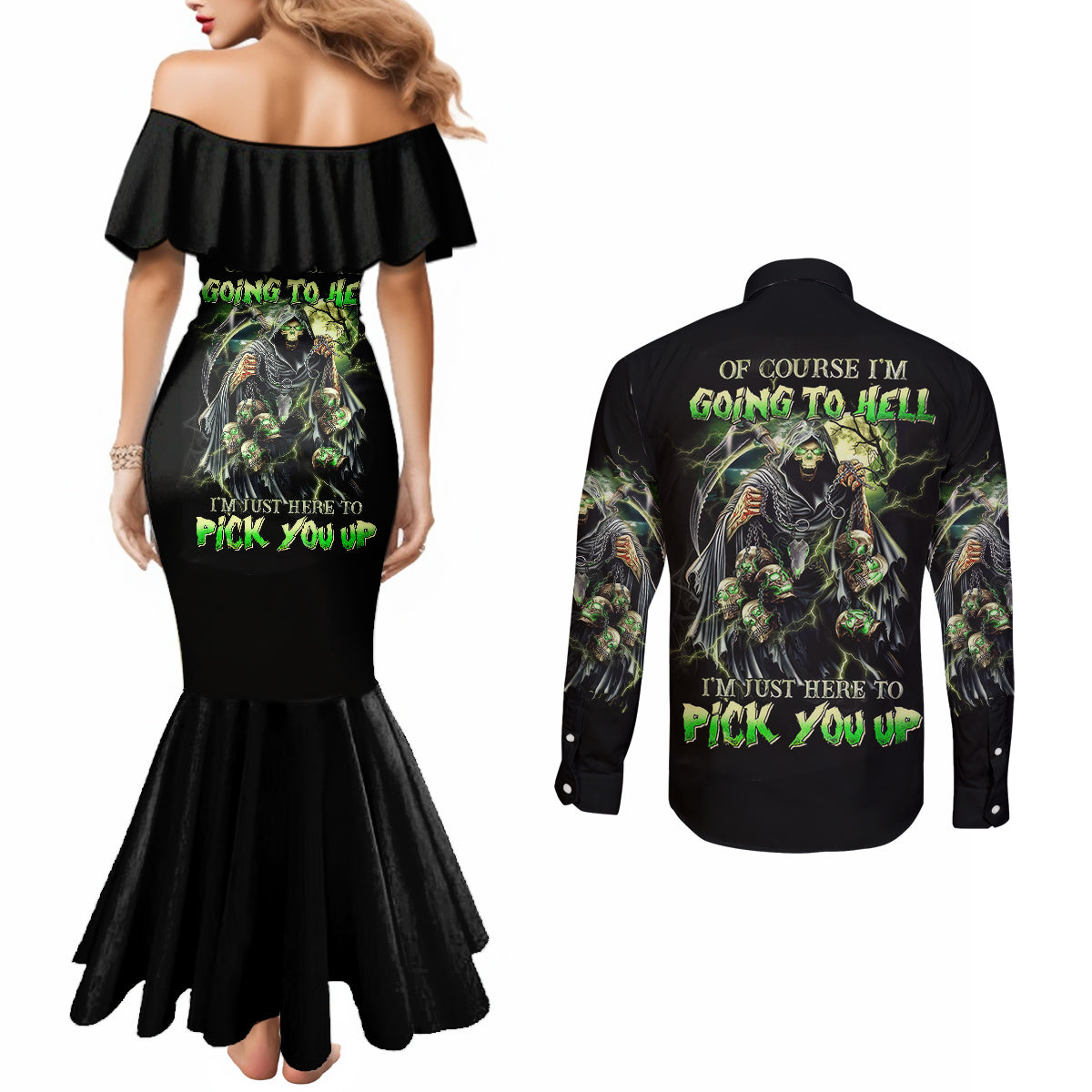 skull-reaper-couples-matching-mermaid-dress-and-long-sleeve-button-shirts-i-going-to-hell-just-pick-you-up