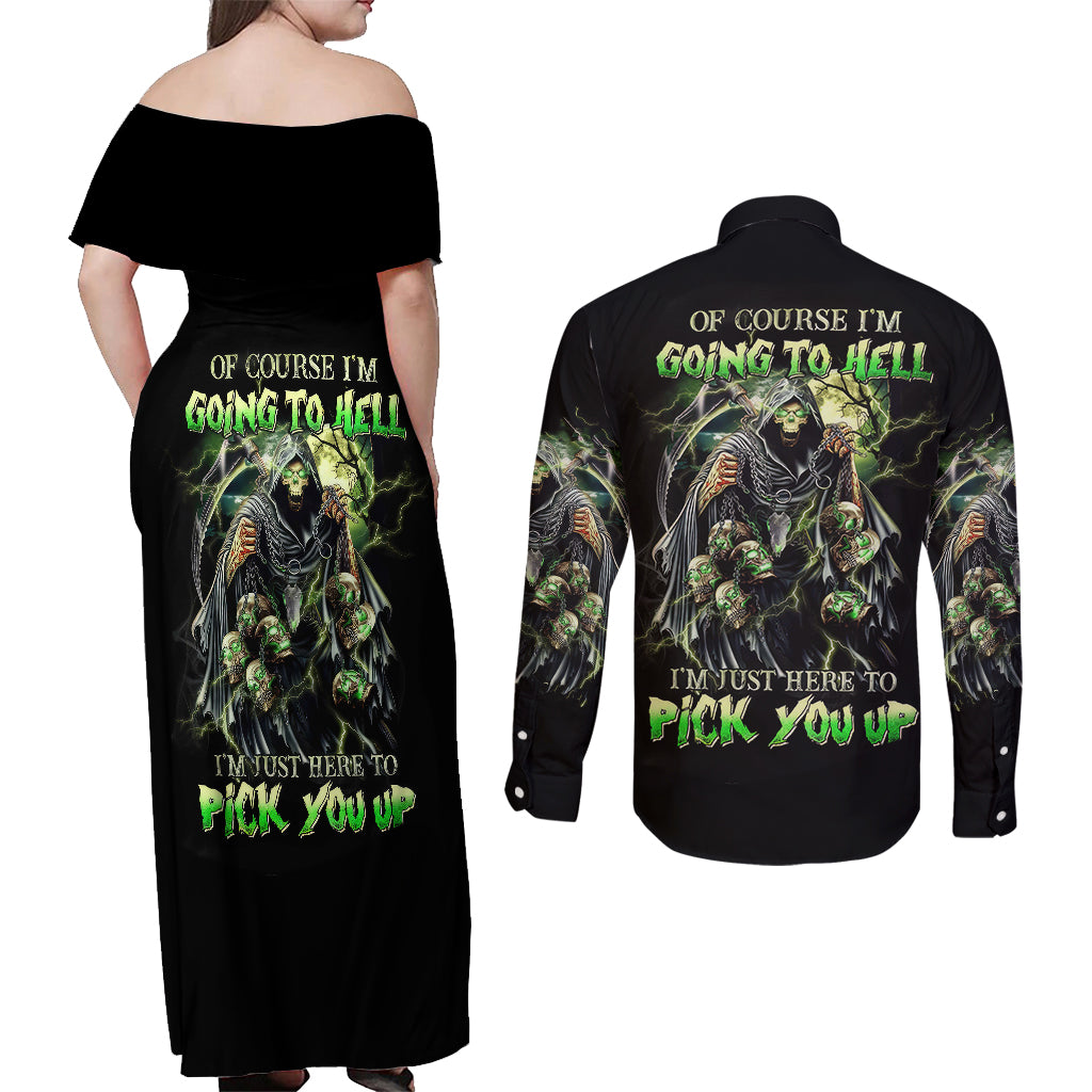 skull-reaper-couples-matching-off-shoulder-maxi-dress-and-long-sleeve-button-shirts-i-going-to-hell-just-pick-you-up