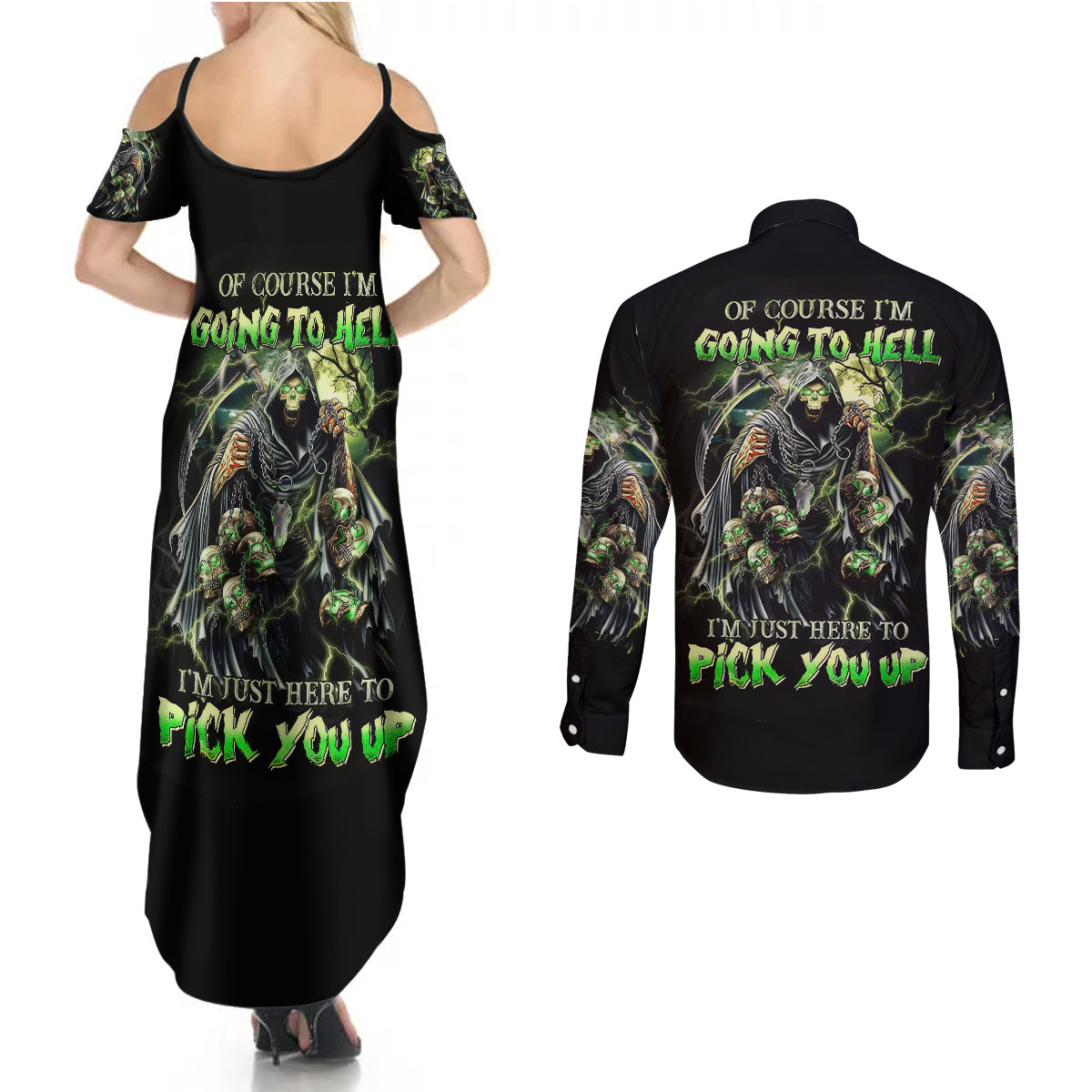 skull-reaper-couples-matching-summer-maxi-dress-and-long-sleeve-button-shirts-i-going-to-hell-just-pick-you-up