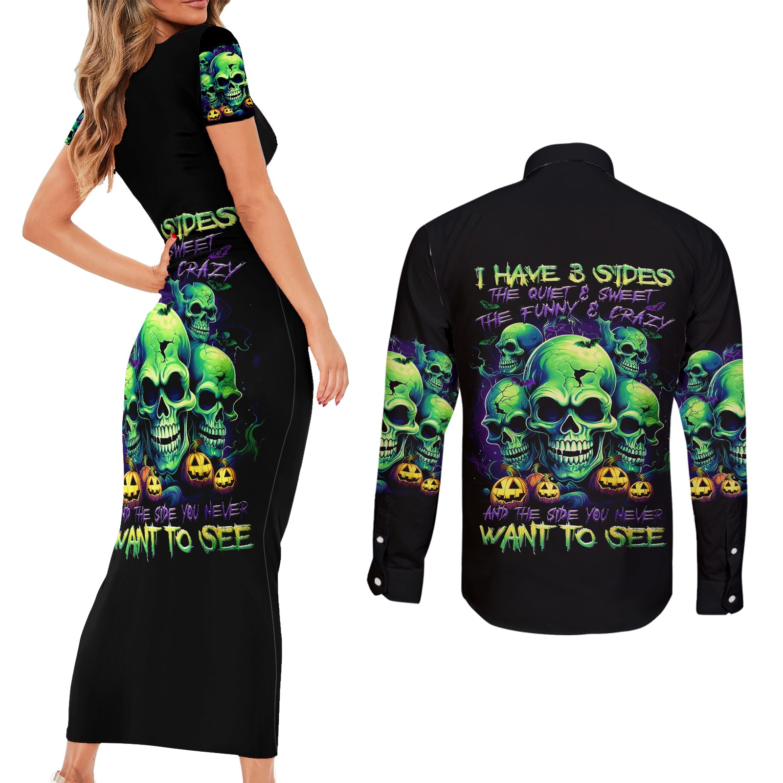 skull-pumpkin-couples-matching-short-sleeve-bodycon-dress-and-long-sleeve-button-shirts-i-have-three-side-quite-funny-and-side-you-never-want