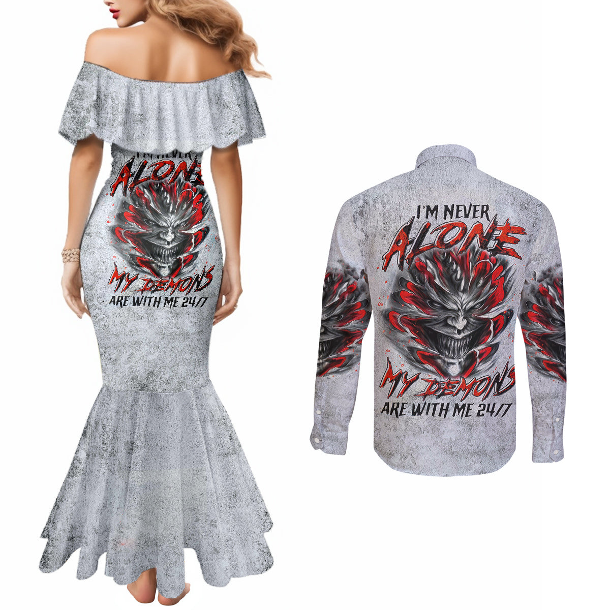 devil-skull-couples-matching-mermaid-dress-and-long-sleeve-button-shirts-i-never-alone-my-demon-with-me-247