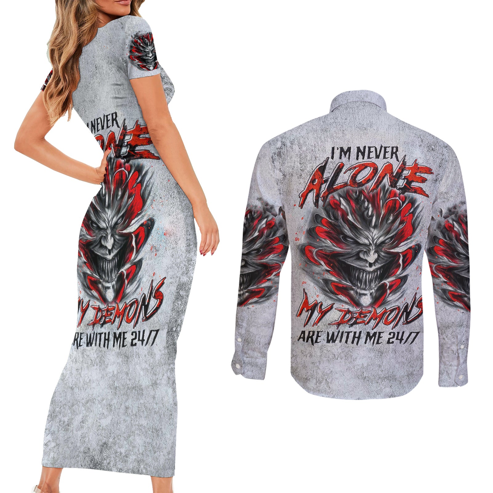 devil-skull-couples-matching-short-sleeve-bodycon-dress-and-long-sleeve-button-shirts-i-never-alone-my-demon-with-me-247