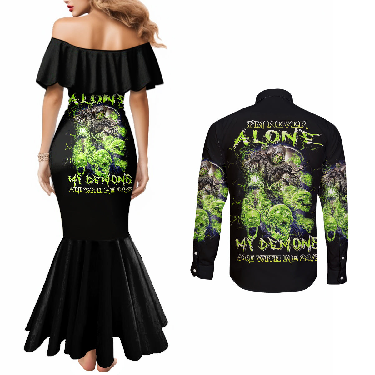 death-skull-couples-matching-mermaid-dress-and-long-sleeve-button-shirts-i-never-alone-my-demon-with-me-247