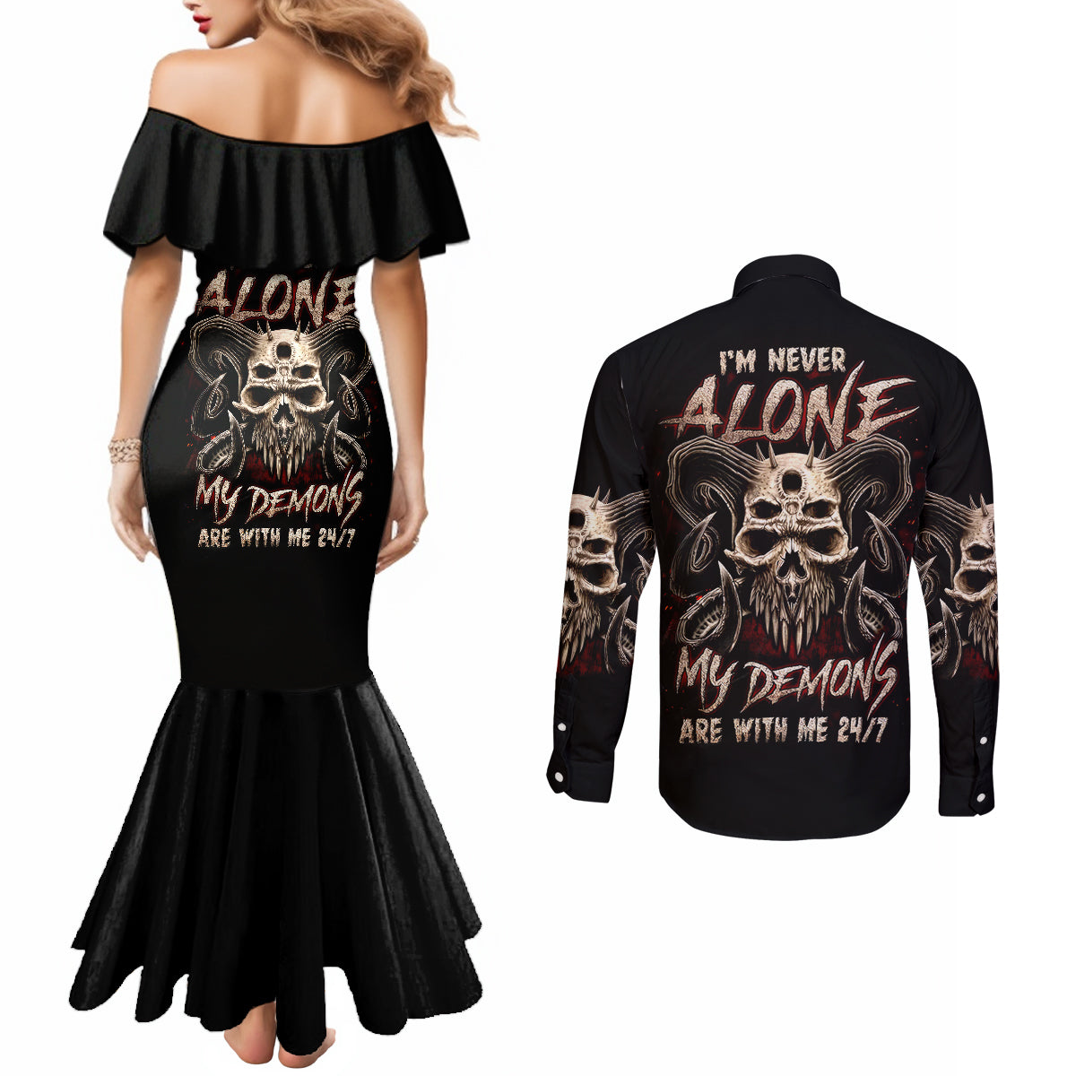 satan-skull-couples-matching-mermaid-dress-and-long-sleeve-button-shirts-i-never-alone-my-demon-with-me-247