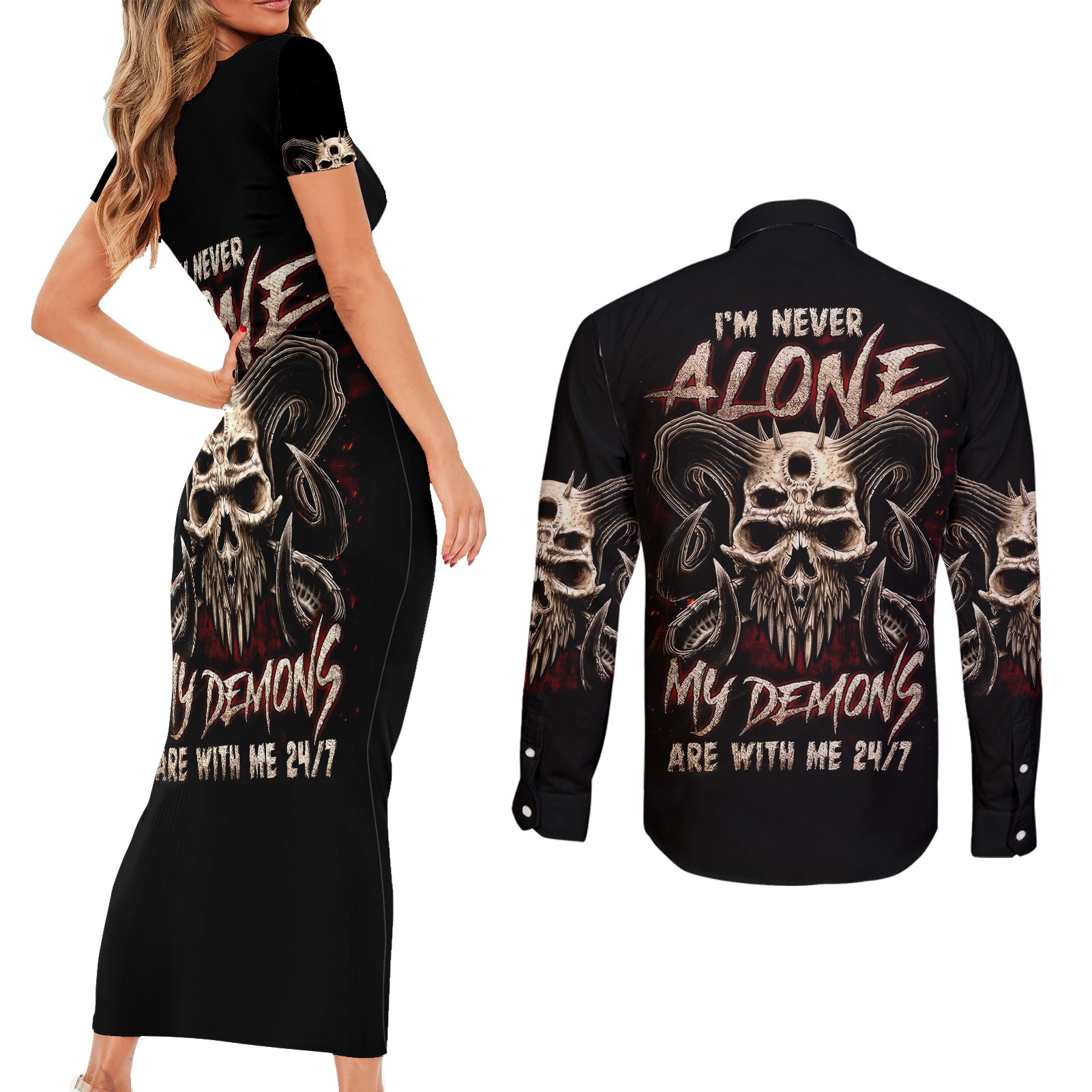 satan-skull-couples-matching-short-sleeve-bodycon-dress-and-long-sleeve-button-shirts-i-never-alone-my-demon-with-me-247