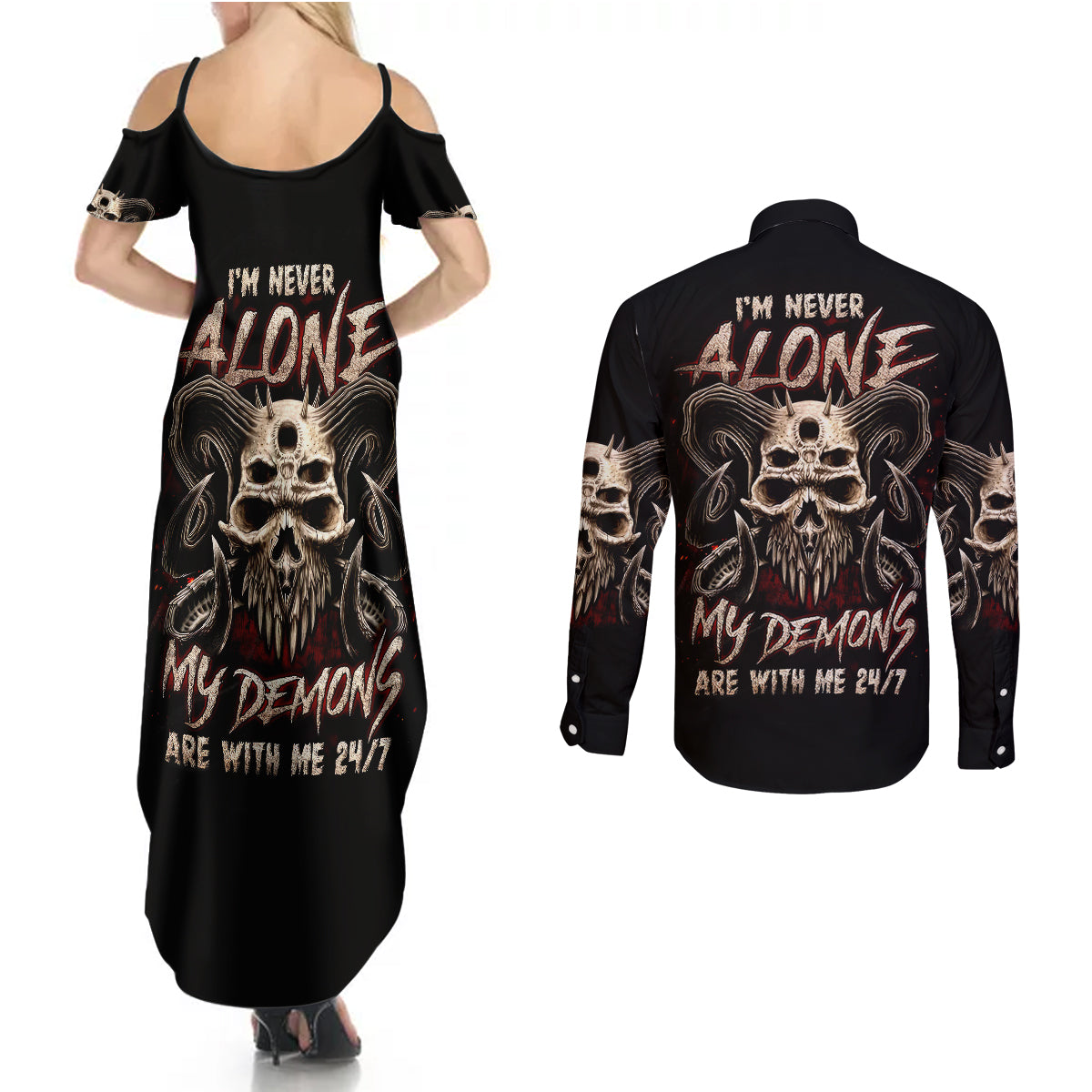 satan-skull-couples-matching-summer-maxi-dress-and-long-sleeve-button-shirts-i-never-alone-my-demon-with-me-247