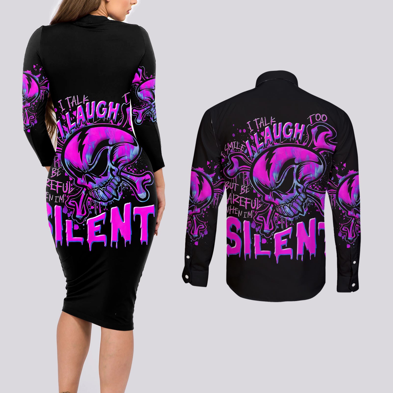 graffiti-skull-couples-matching-long-sleeve-bodycon-dress-and-long-sleeve-button-shirts-i-talk-i-smile-but-be-carefull-when-i-silent