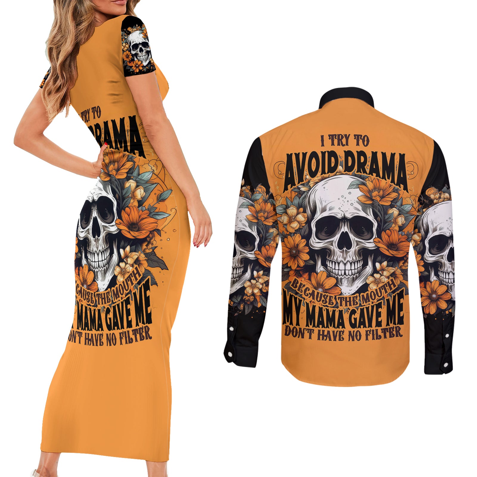 flower-skull-couples-matching-short-sleeve-bodycon-dress-and-long-sleeve-button-shirts-i-try-to-avoid-drama