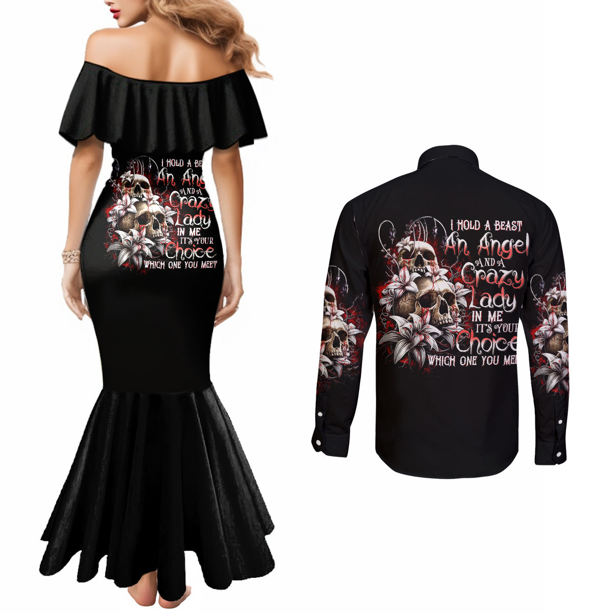 blood-skull-couples-matching-mermaid-dress-and-long-sleeve-button-shirts-i-hold-a-angel-and-crazy-lady-it-your-choice