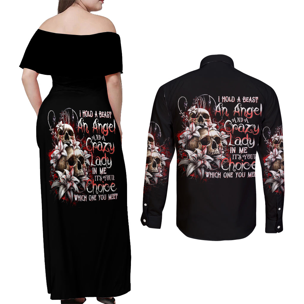 blood-skull-couples-matching-off-shoulder-maxi-dress-and-long-sleeve-button-shirts-i-hold-a-angel-and-crazy-lady-it-your-choice