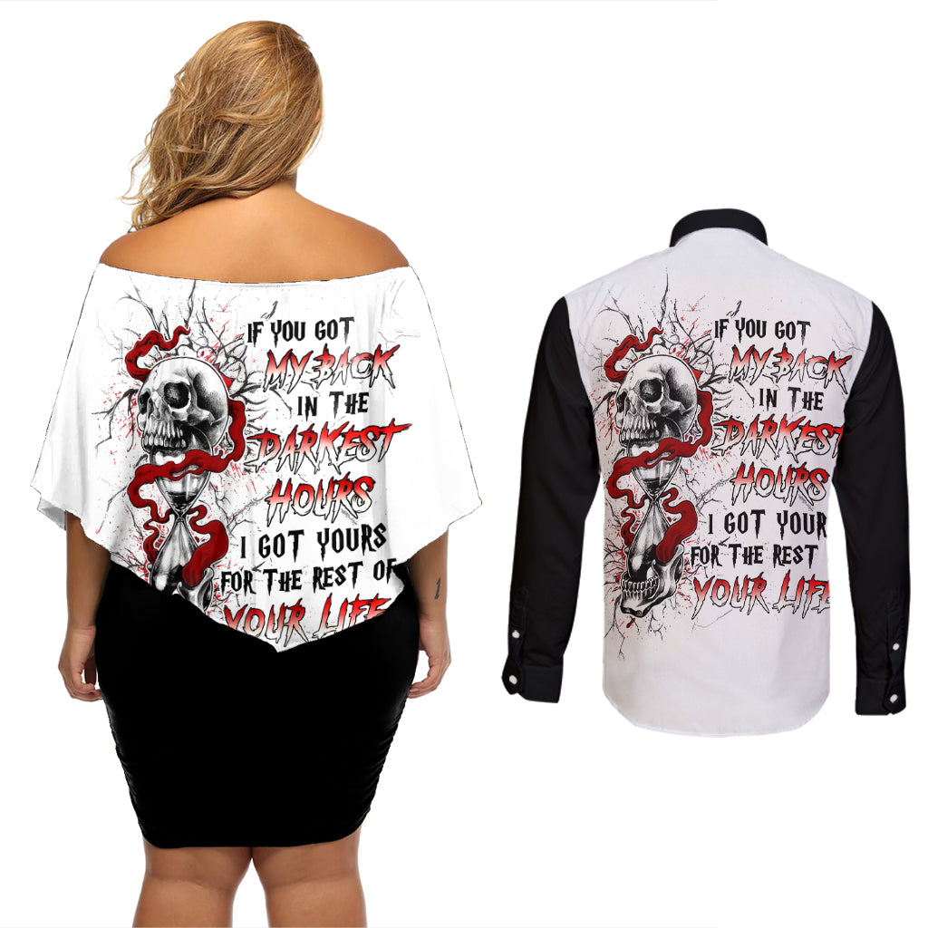 blood-skull-couples-matching-off-shoulder-short-dress-and-long-sleeve-button-shirts-you-got-my-back-i-got-your-rest-of-your-life