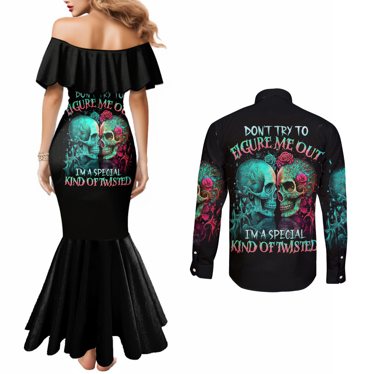 twin-skull-couples-matching-mermaid-dress-and-long-sleeve-button-shirts-dont-try-to-figure-me-out-im-a-special