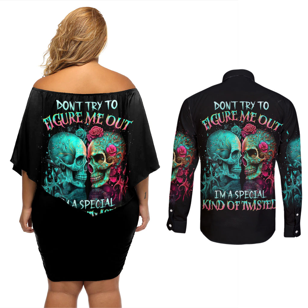 twin-skull-couples-matching-off-shoulder-short-dress-and-long-sleeve-button-shirts-dont-try-to-figure-me-out-im-a-special