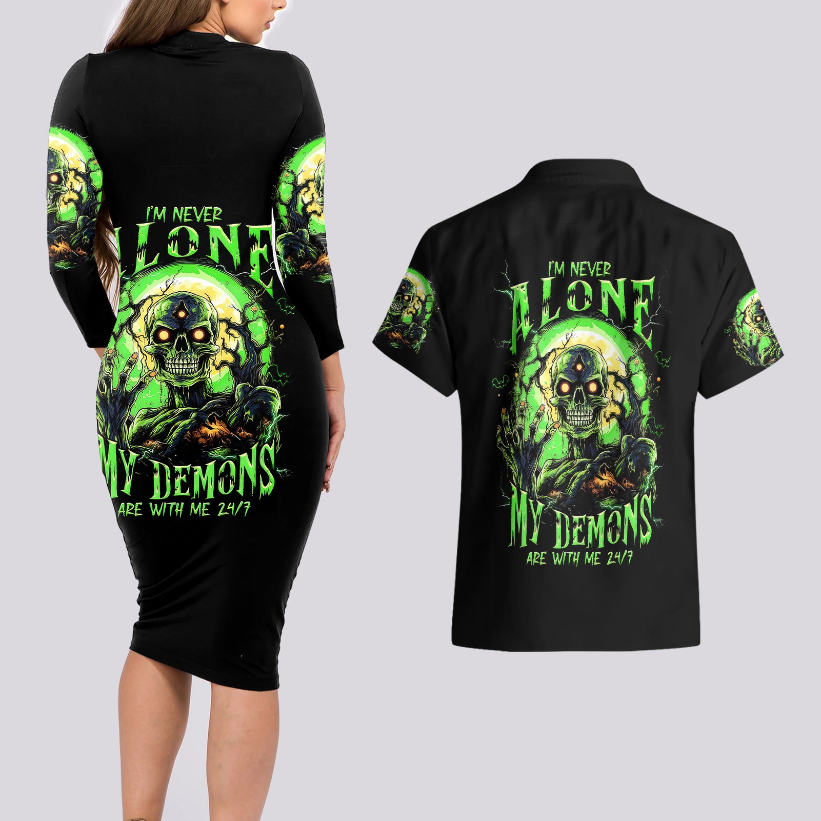 zombie-skull-couples-matching-long-sleeve-bodycon-dress-and-hawaiian-shirt-i-never-alone-my-demon-with-me-247