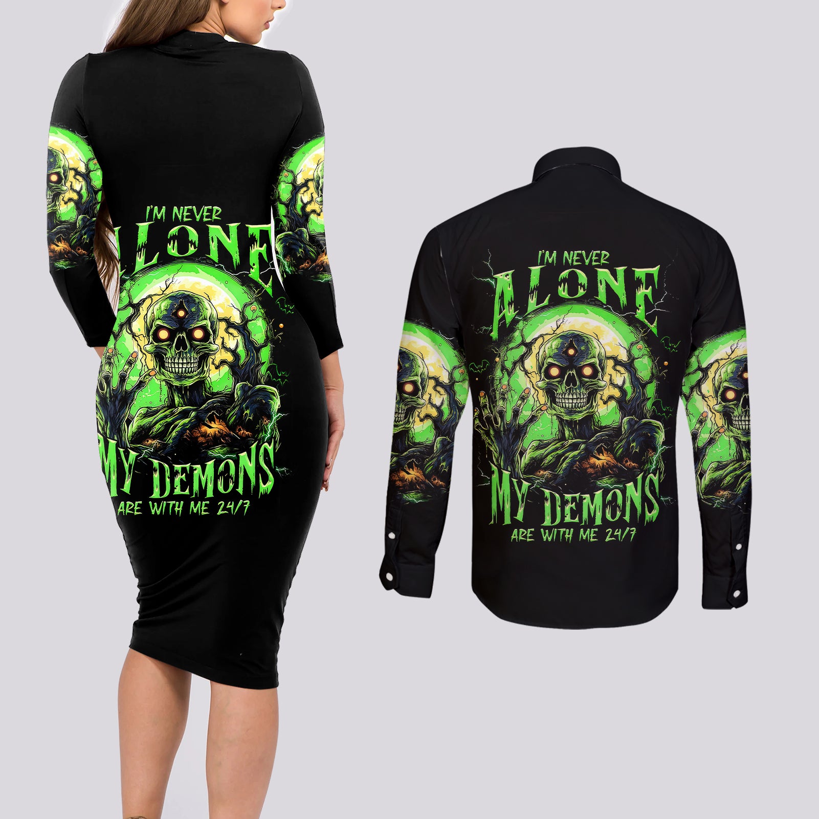 zombie-skull-couples-matching-long-sleeve-bodycon-dress-and-long-sleeve-button-shirts-i-never-alone-my-demon-with-me-247