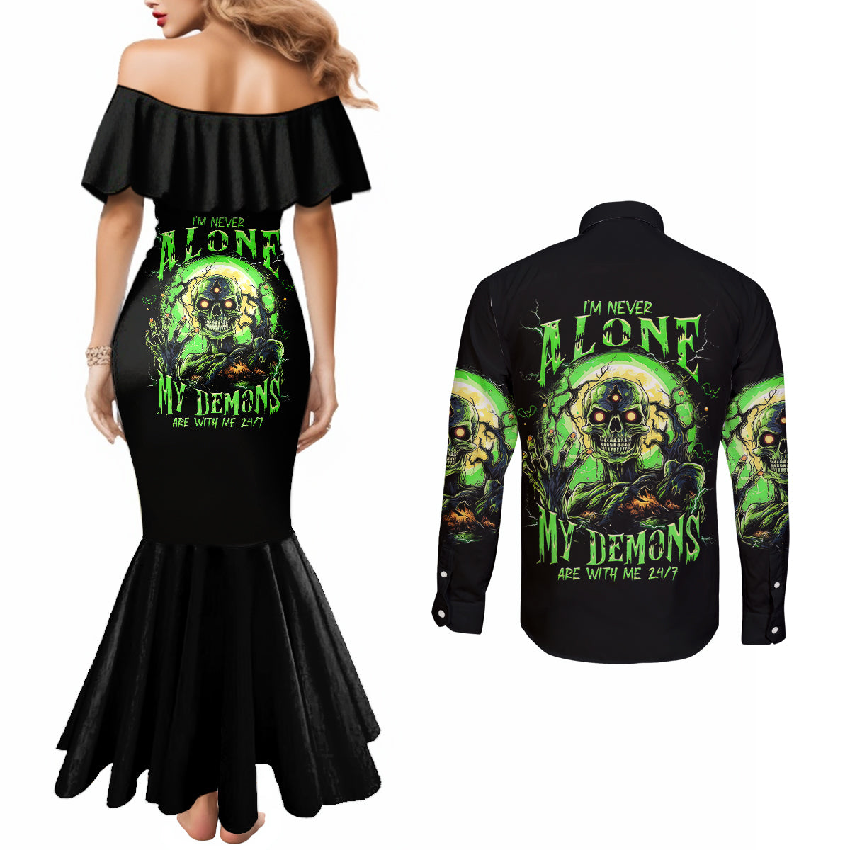 zombie-skull-couples-matching-mermaid-dress-and-long-sleeve-button-shirts-i-never-alone-my-demon-with-me-247