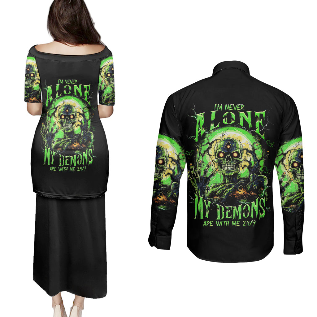 zombie-skull-couples-matching-puletasi-dress-and-long-sleeve-button-shirts-i-never-alone-my-demon-with-me-247