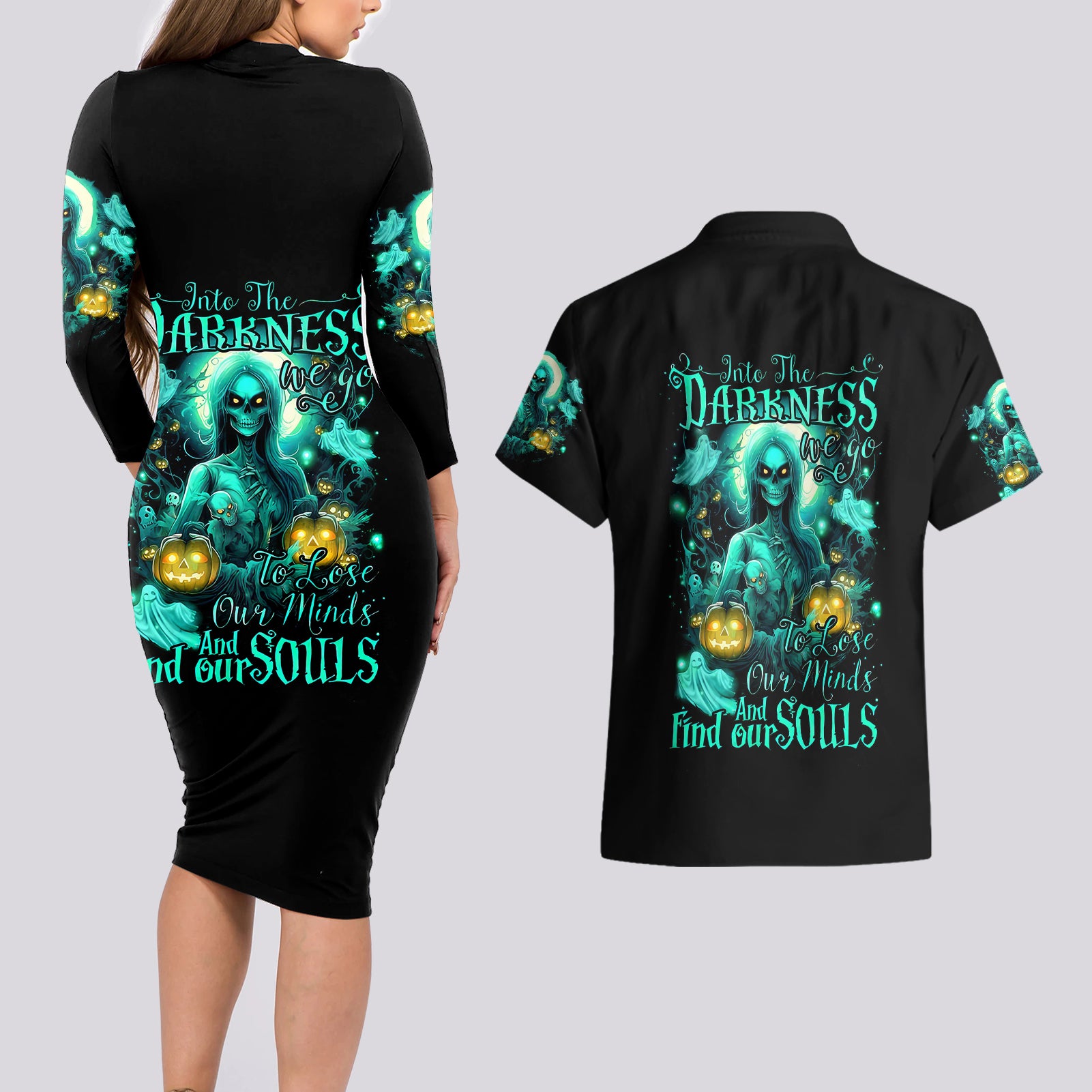 witch-skull-couples-matching-long-sleeve-bodycon-dress-and-hawaiian-shirt-into-darkness-to-lose-our-mind-and-find-our-souls