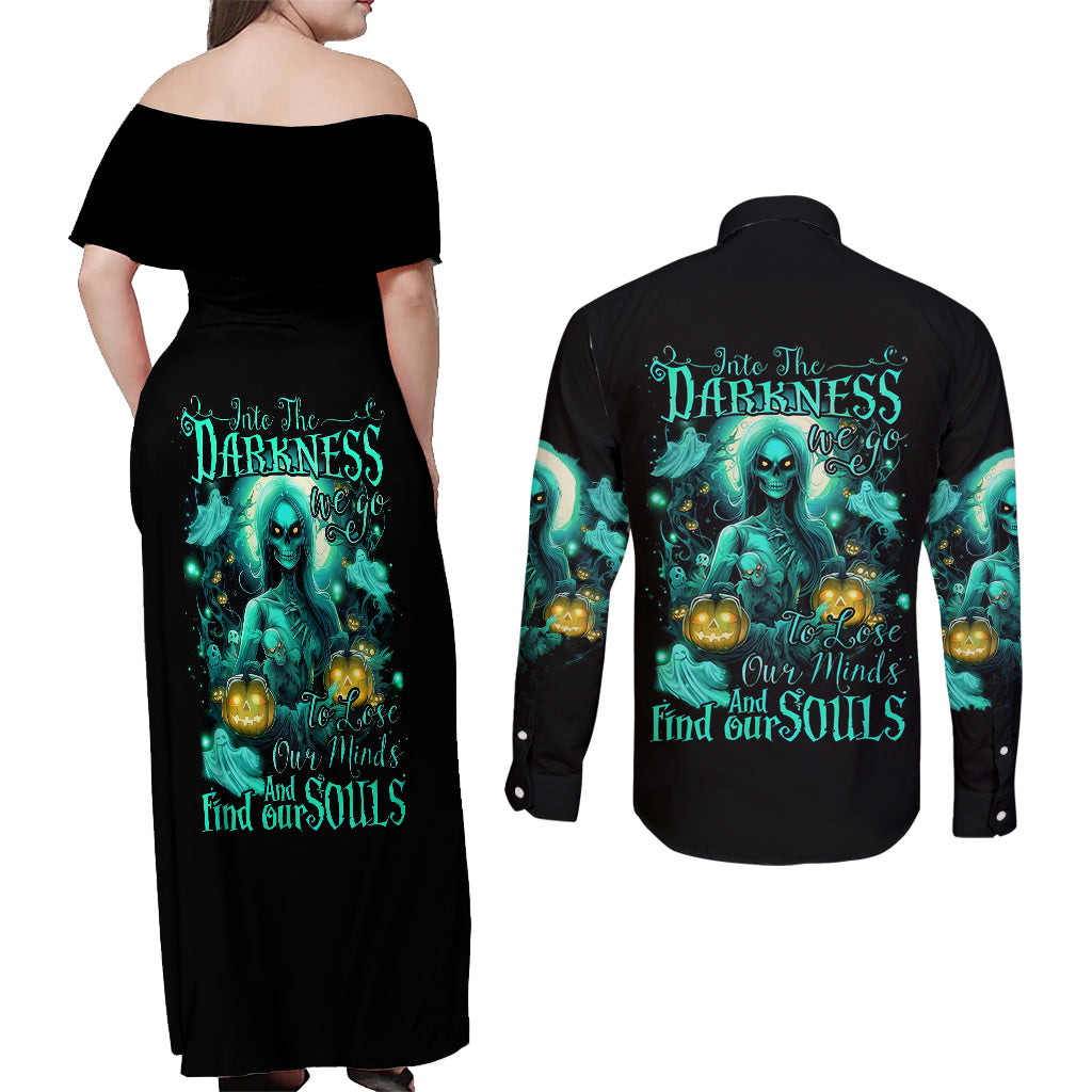 witch-skull-couples-matching-off-shoulder-maxi-dress-and-long-sleeve-button-shirts-into-darkness-to-lose-our-mind-and-find-our-souls