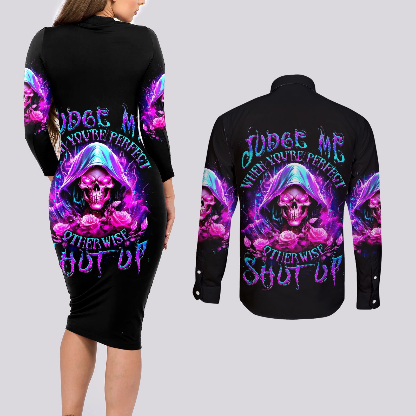 fire-skull-couples-matching-long-sleeve-bodycon-dress-and-long-sleeve-button-shirts-judge-me-when-youre-perfect-otherwise-shut-up