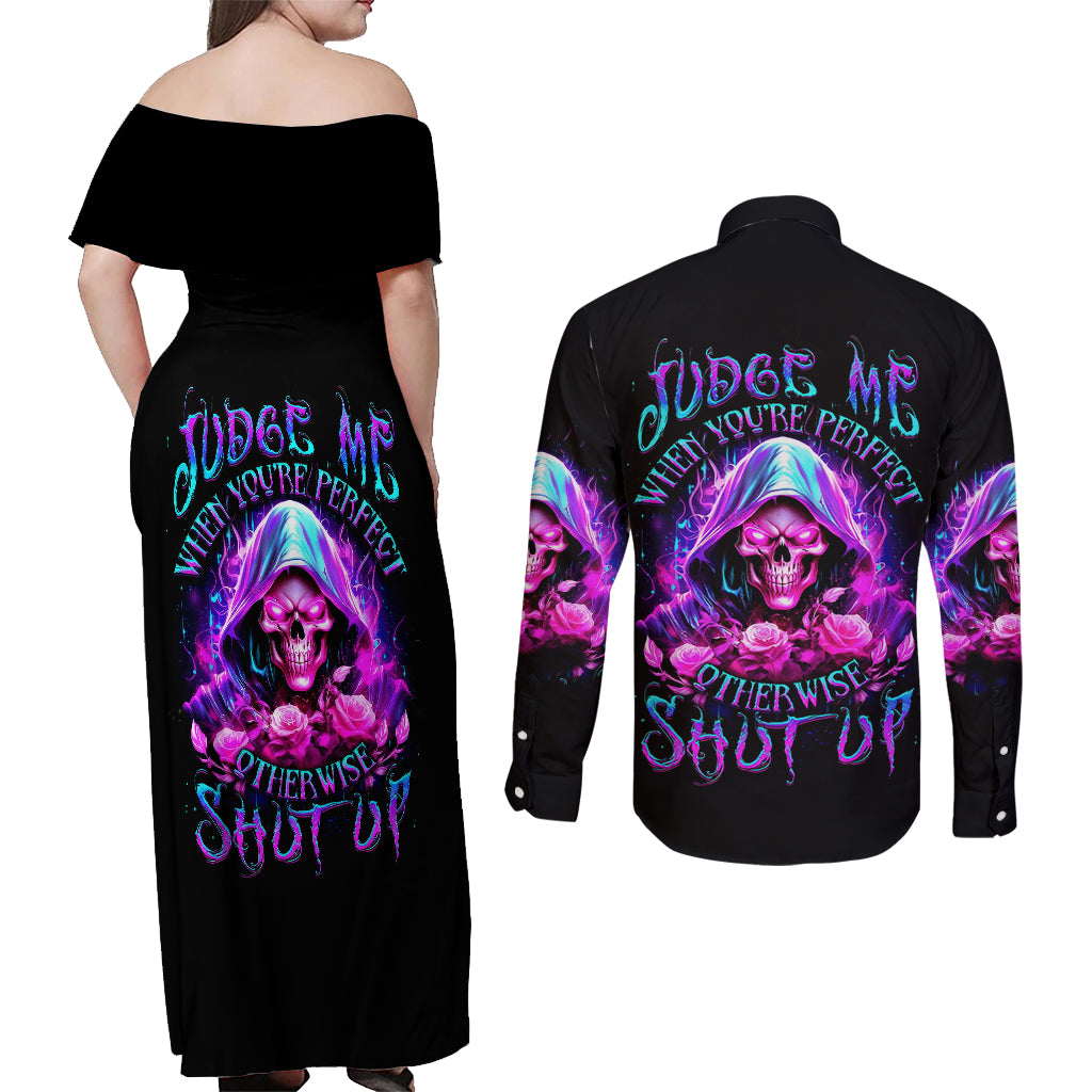 fire-skull-couples-matching-off-shoulder-maxi-dress-and-long-sleeve-button-shirts-judge-me-when-youre-perfect-otherwise-shut-up