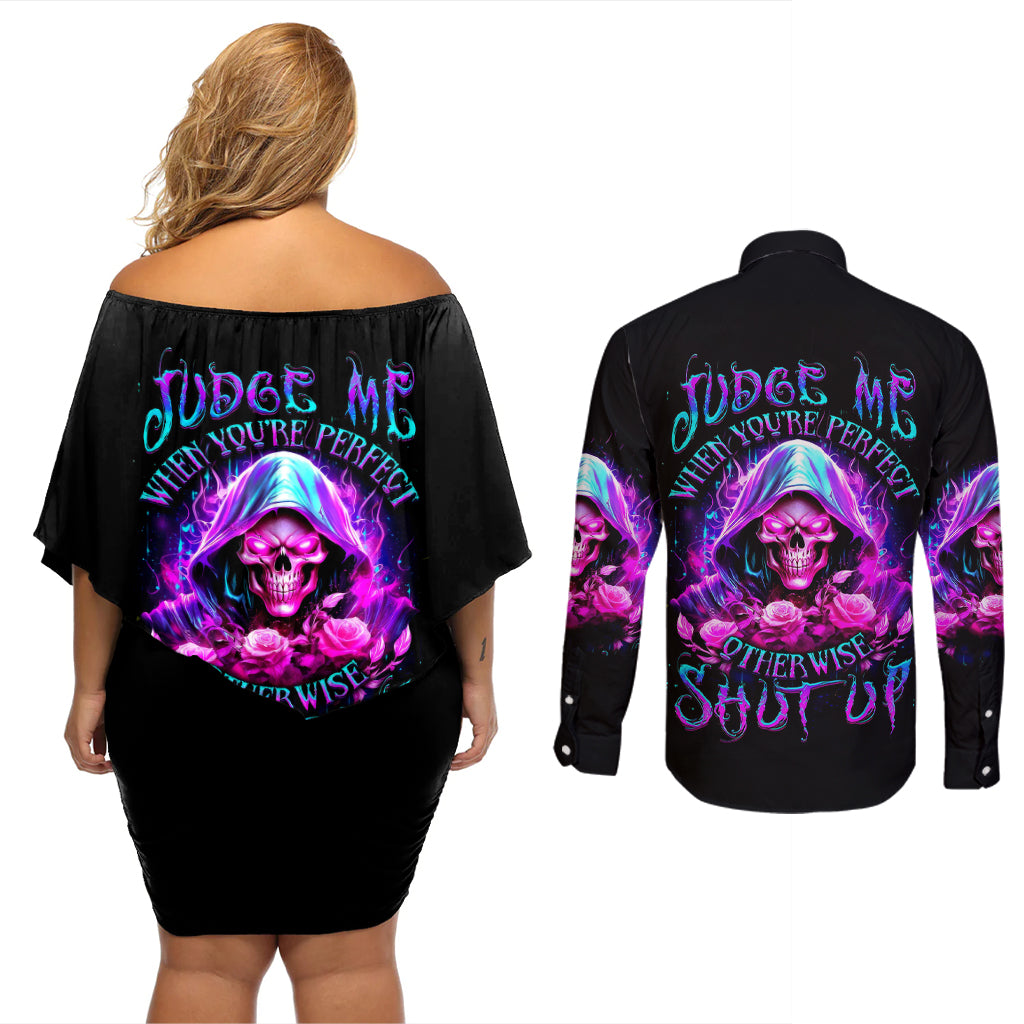 fire-skull-couples-matching-off-shoulder-short-dress-and-long-sleeve-button-shirts-judge-me-when-youre-perfect-otherwise-shut-up