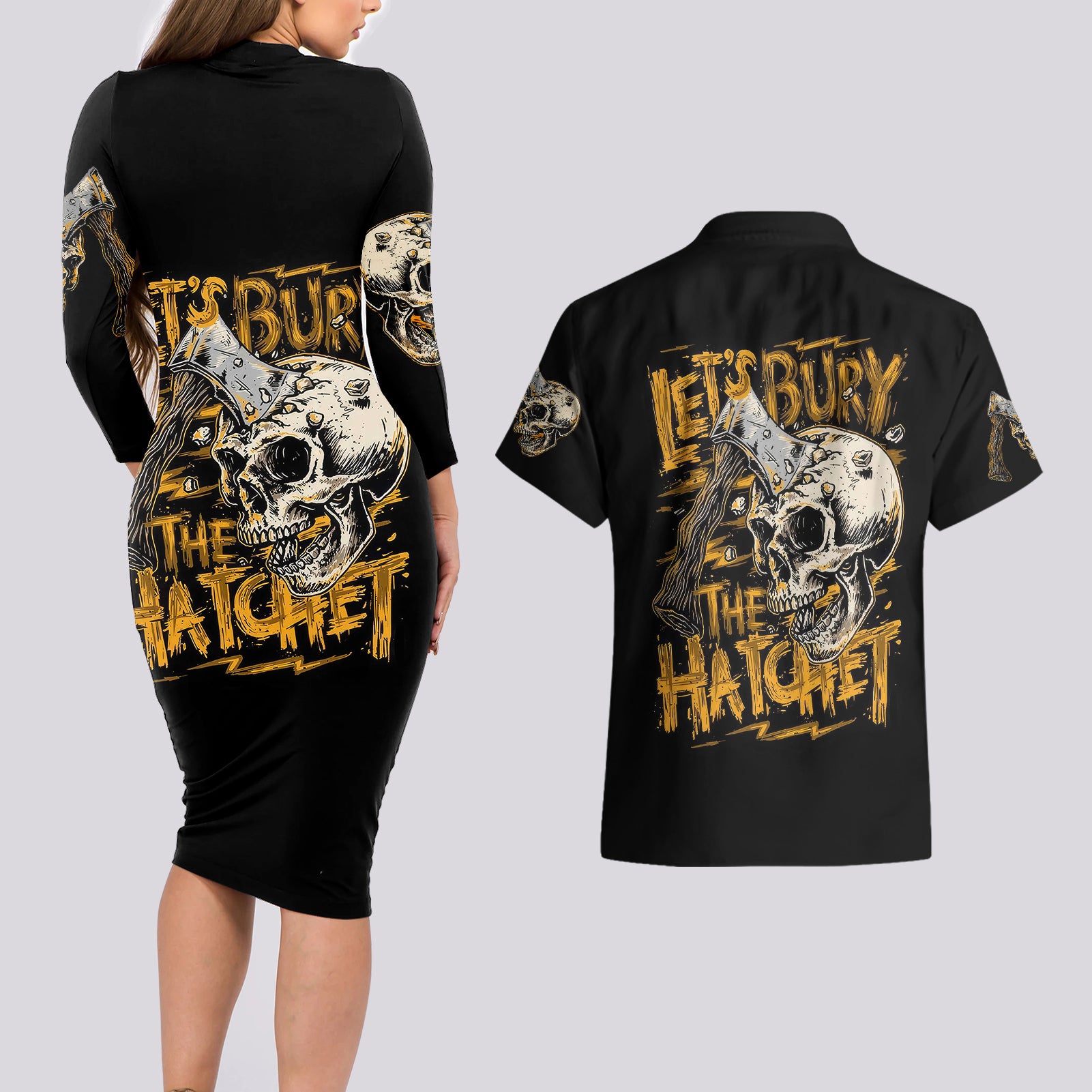 axe-skull-couples-matching-long-sleeve-bodycon-dress-and-hawaiian-shirt-lets-bury-the-hatchet