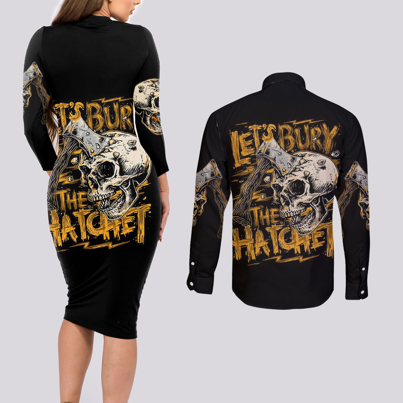 axe-skull-couples-matching-long-sleeve-bodycon-dress-and-long-sleeve-button-shirts-lets-bury-the-hatchet