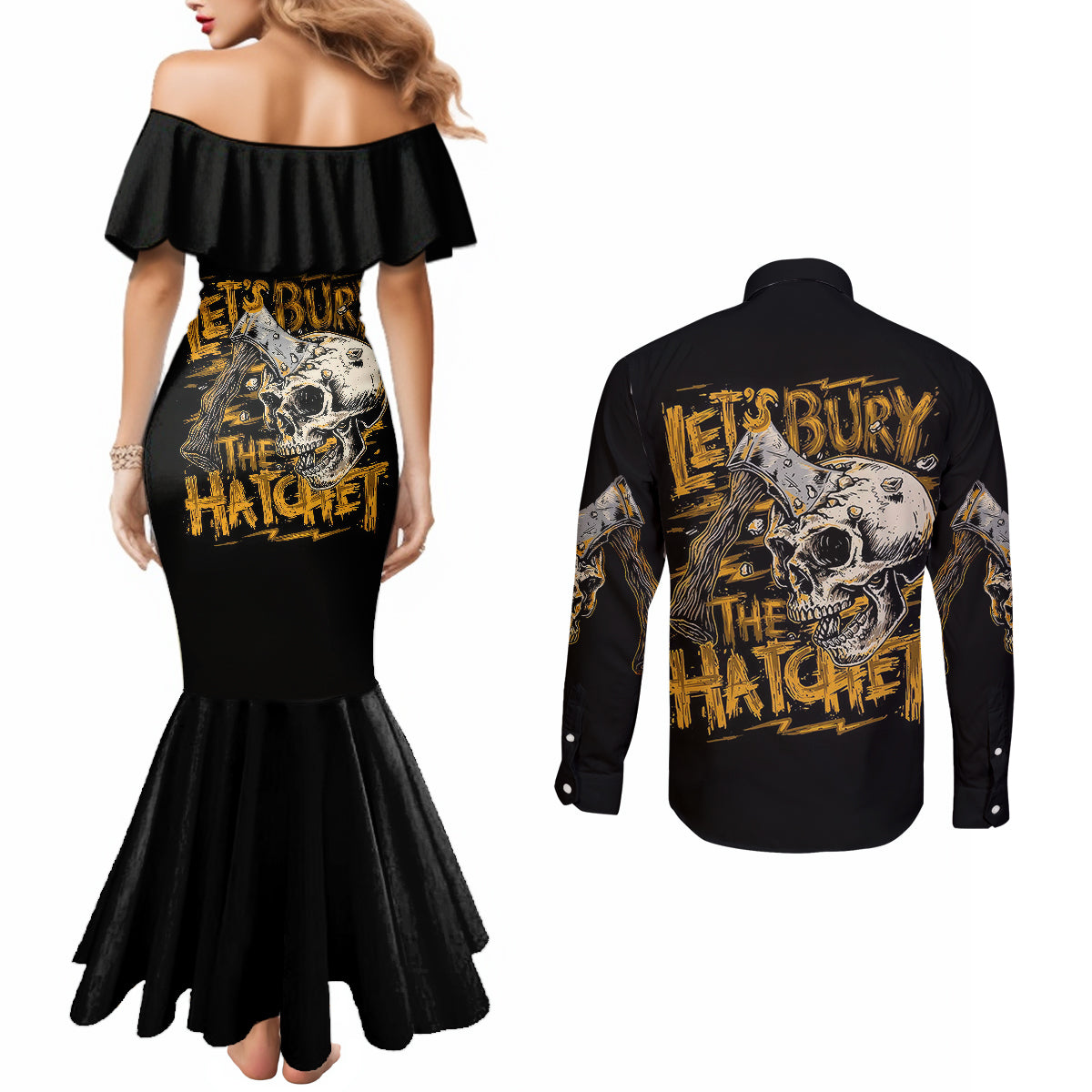 axe-skull-couples-matching-mermaid-dress-and-long-sleeve-button-shirts-lets-bury-the-hatchet