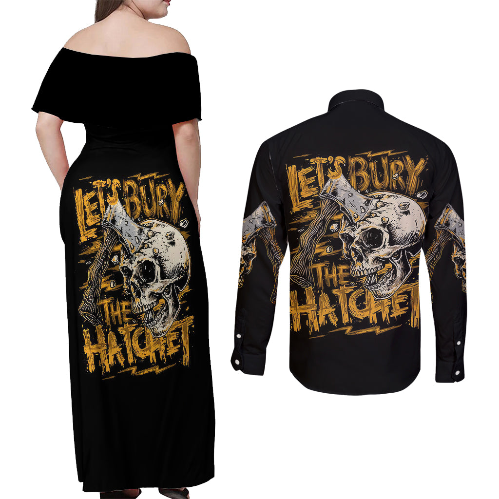 axe-skull-couples-matching-off-shoulder-maxi-dress-and-long-sleeve-button-shirts-lets-bury-the-hatchet