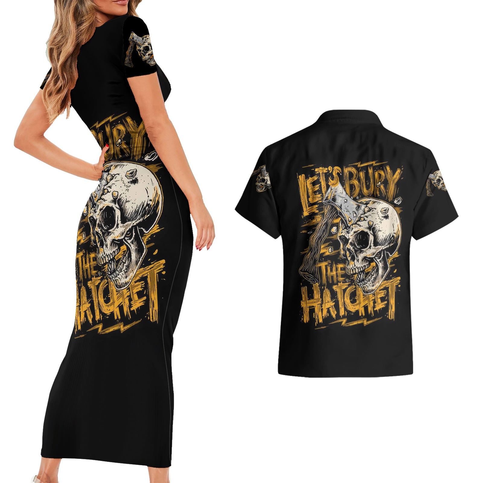 axe-skull-couples-matching-short-sleeve-bodycon-dress-and-hawaiian-shirt-lets-bury-the-hatchet