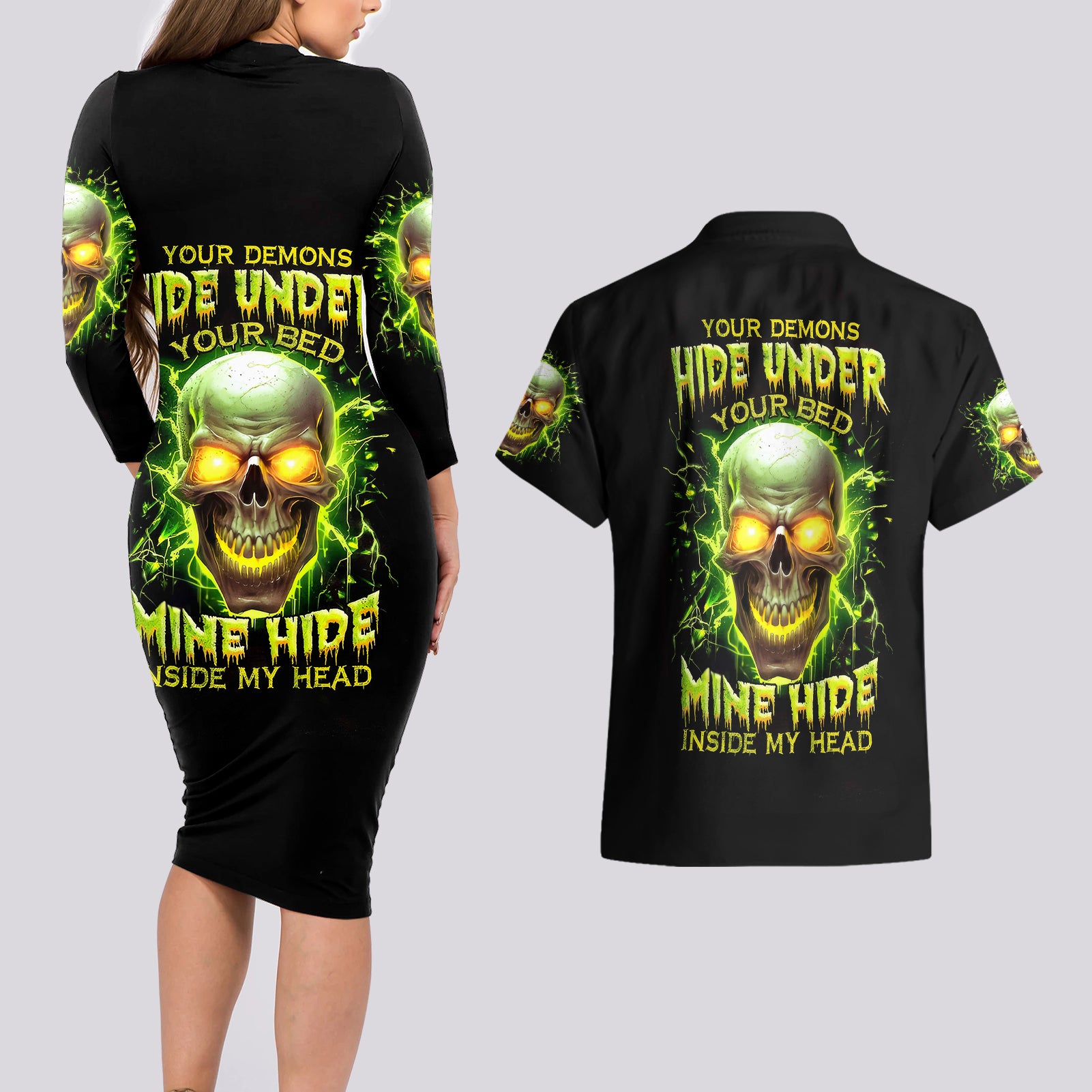 thunder-skull-couples-matching-long-sleeve-bodycon-dress-and-hawaiian-shirt-my-demon-hide-inside-my-head